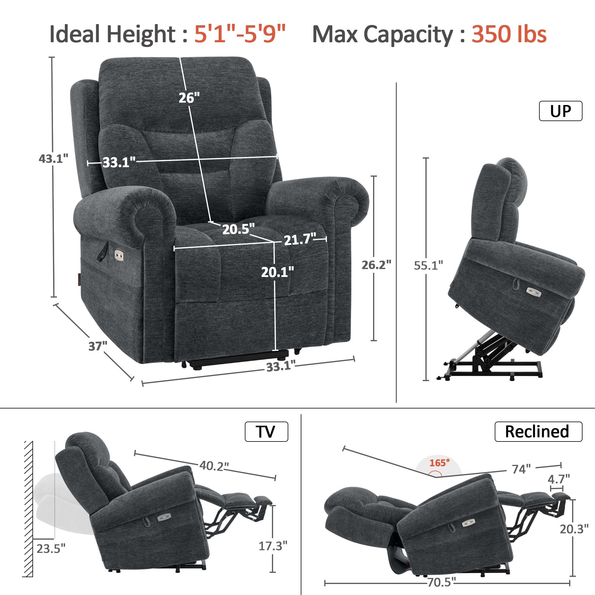 MCombo Triple Motor Power Lift Recliner Chair with Massage and Lumbar&seat Heating, Rolled Arms, Adjustable Headrest for Elderly People, Fabric 7888