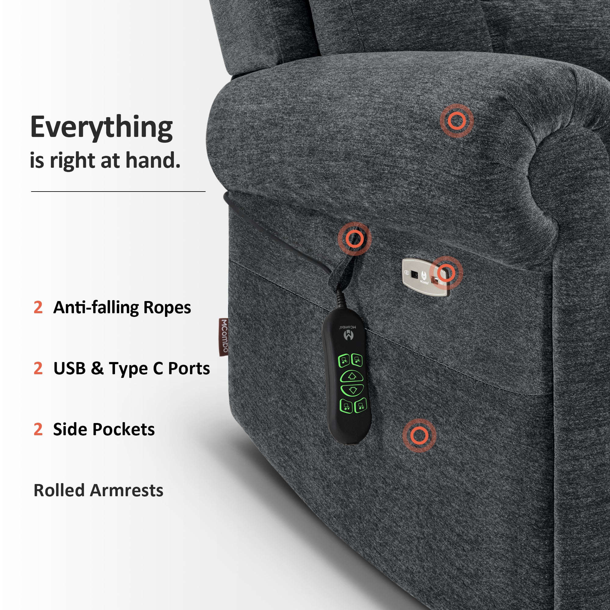 MCombo Triple Motor Power Lift Recliner Chair with Massage and Lumbar&seat Heating, Rolled Arms, Adjustable Headrest for Elderly People, Fabric 7888