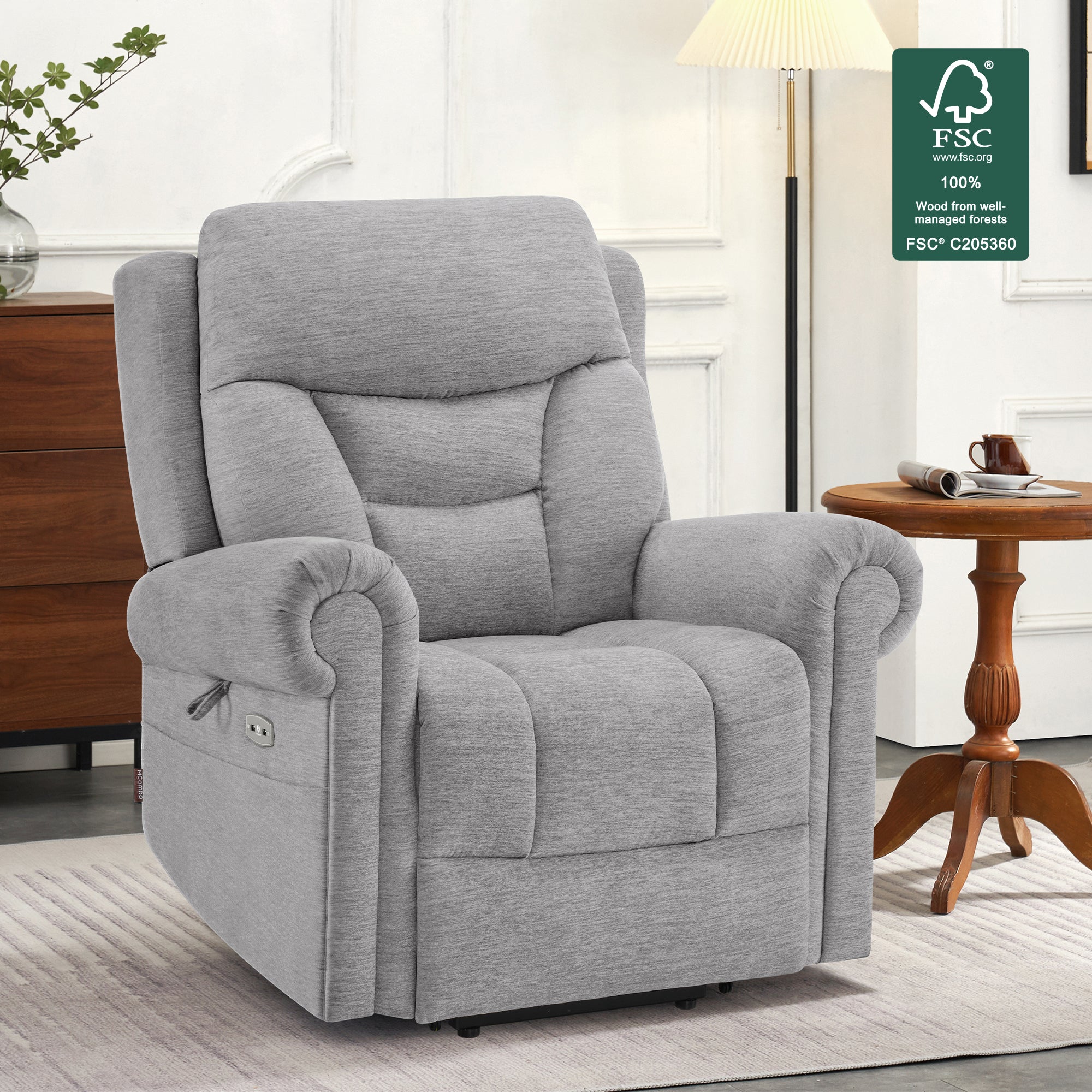 MCombo Triple Motor Power Lift Recliner Chair with Massage and Lumbar&seat Heating, Rolled Arms, Adjustable Headrest for Elderly People, Fabric 7888