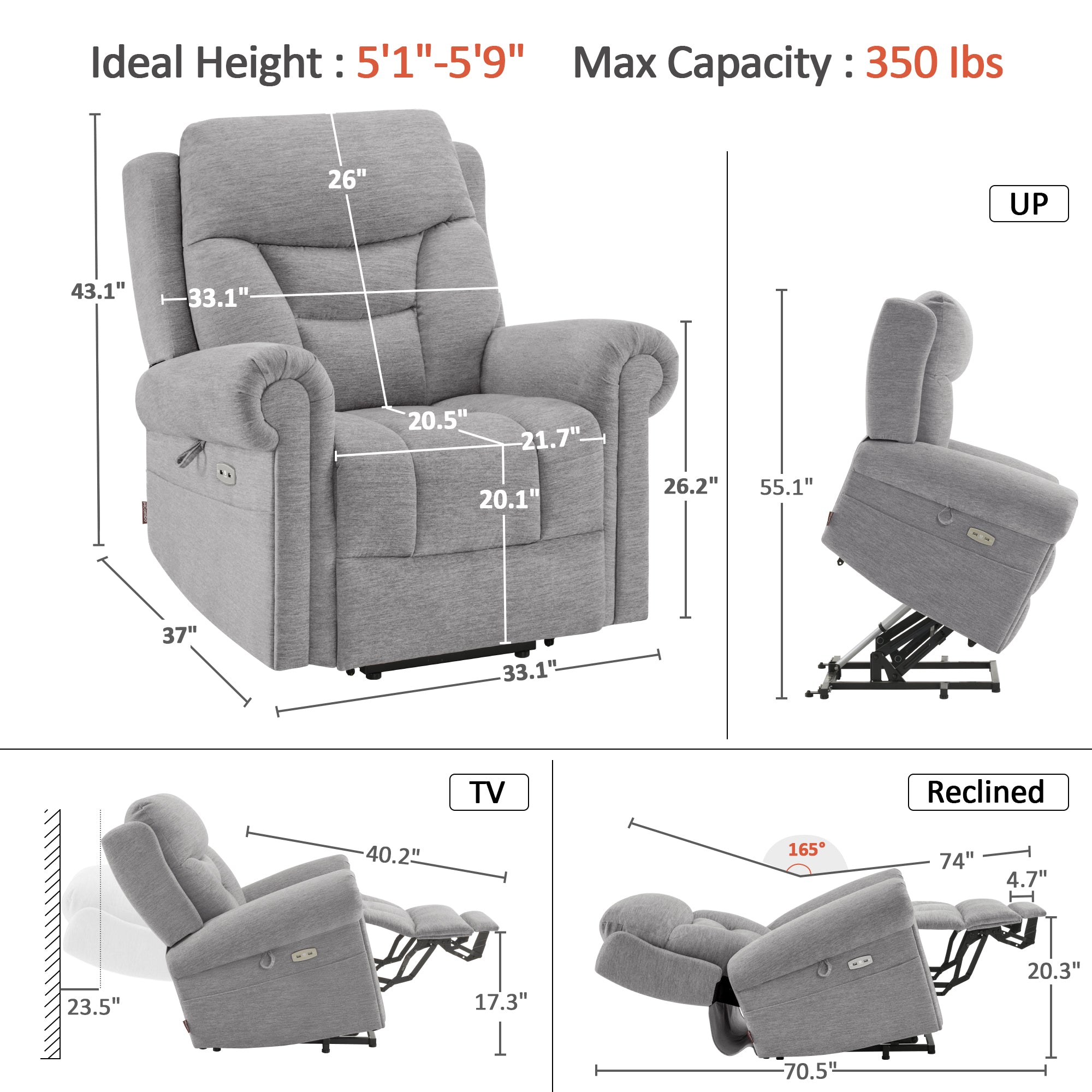 MCombo Triple Motor Power Lift Recliner Chair with Massage and Lumbar&seat Heating, Rolled Arms, Adjustable Headrest for Elderly People, Fabric 7888