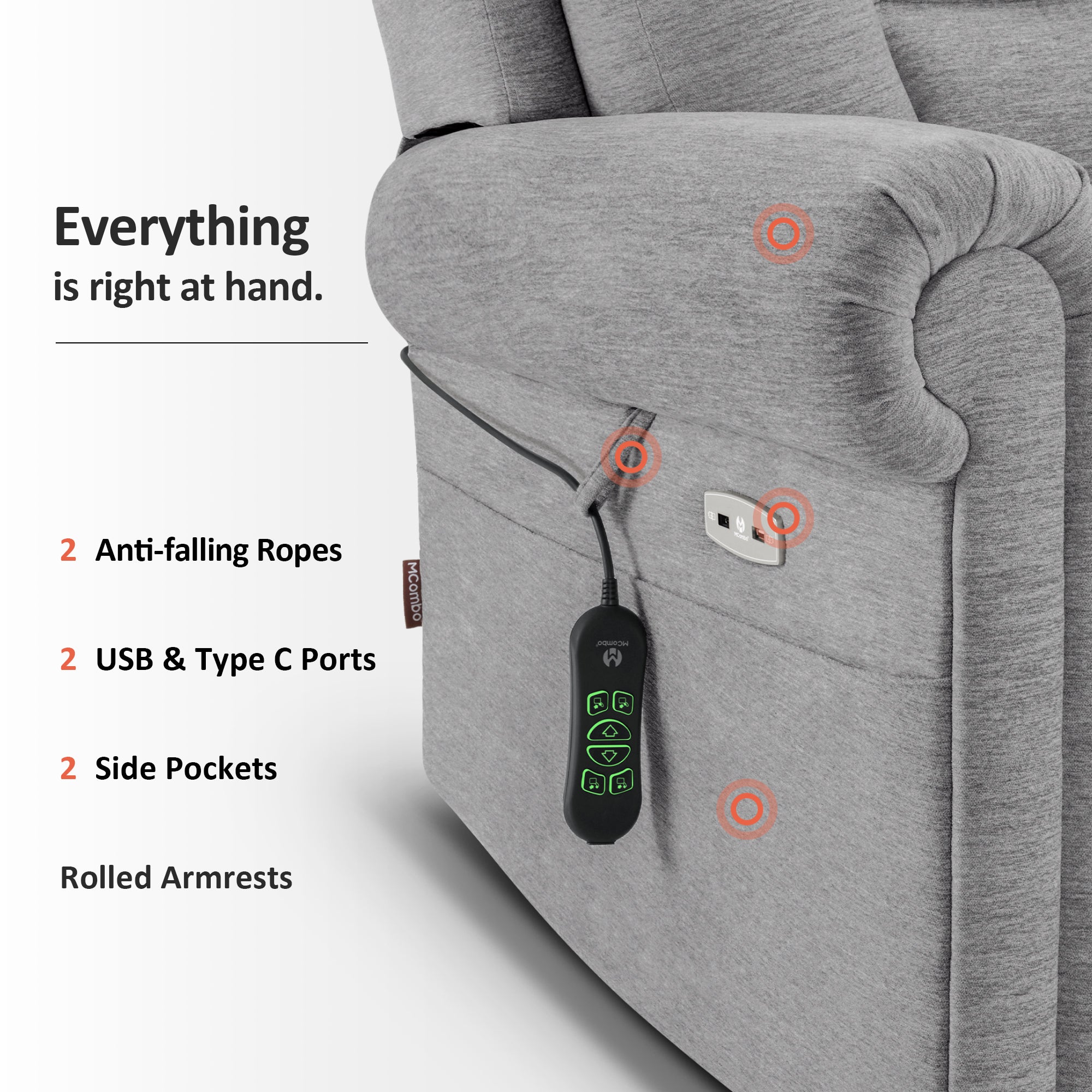 MCombo Triple Motor Power Lift Recliner Chair with Massage and Lumbar&seat Heating, Rolled Arms, Adjustable Headrest for Elderly People, Fabric 7888