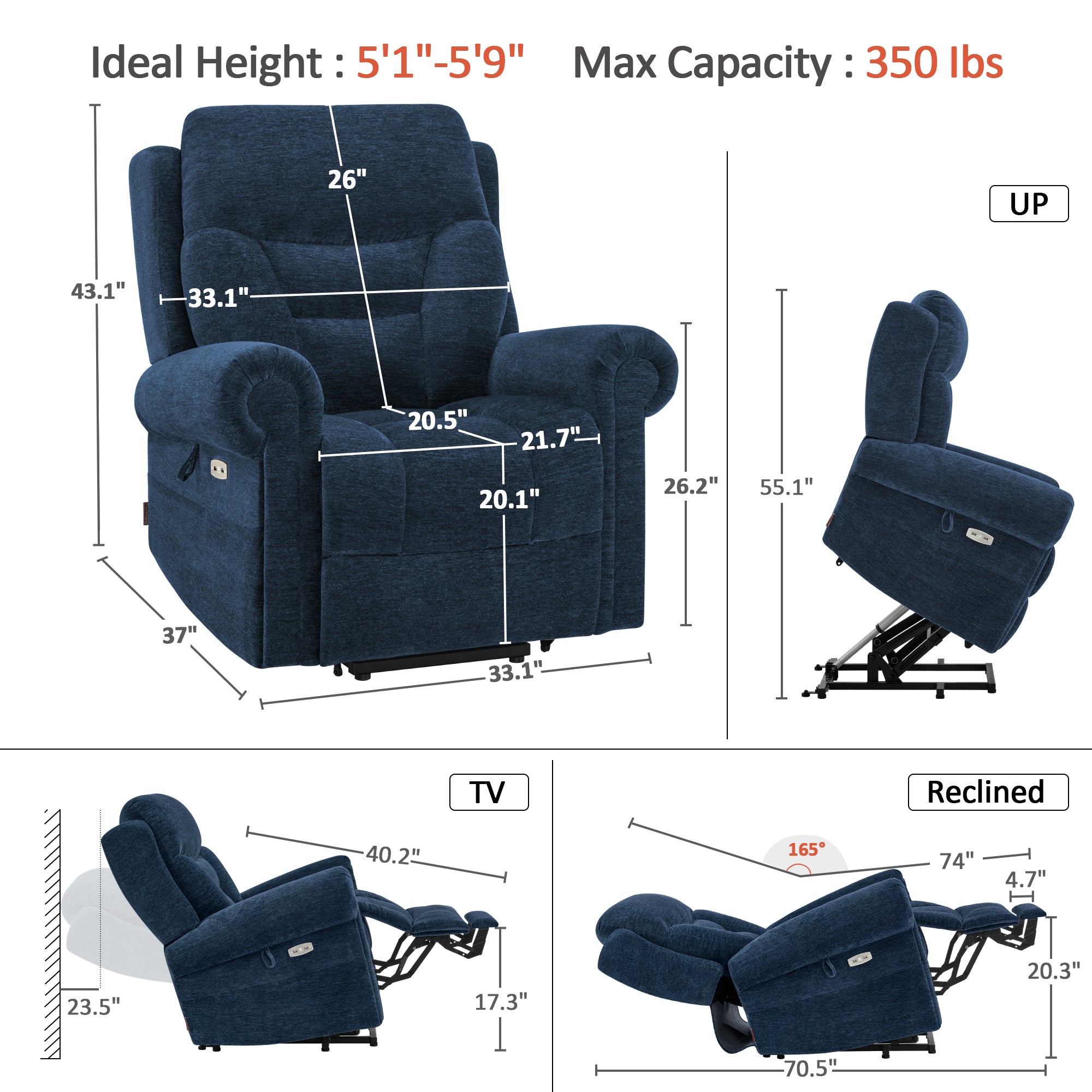 MCombo Triple Motor Power Lift Recliner Chair with Massage and Lumbar&seat Heating, Rolled Arms, Adjustable Headrest for Elderly People, Fabric 7888