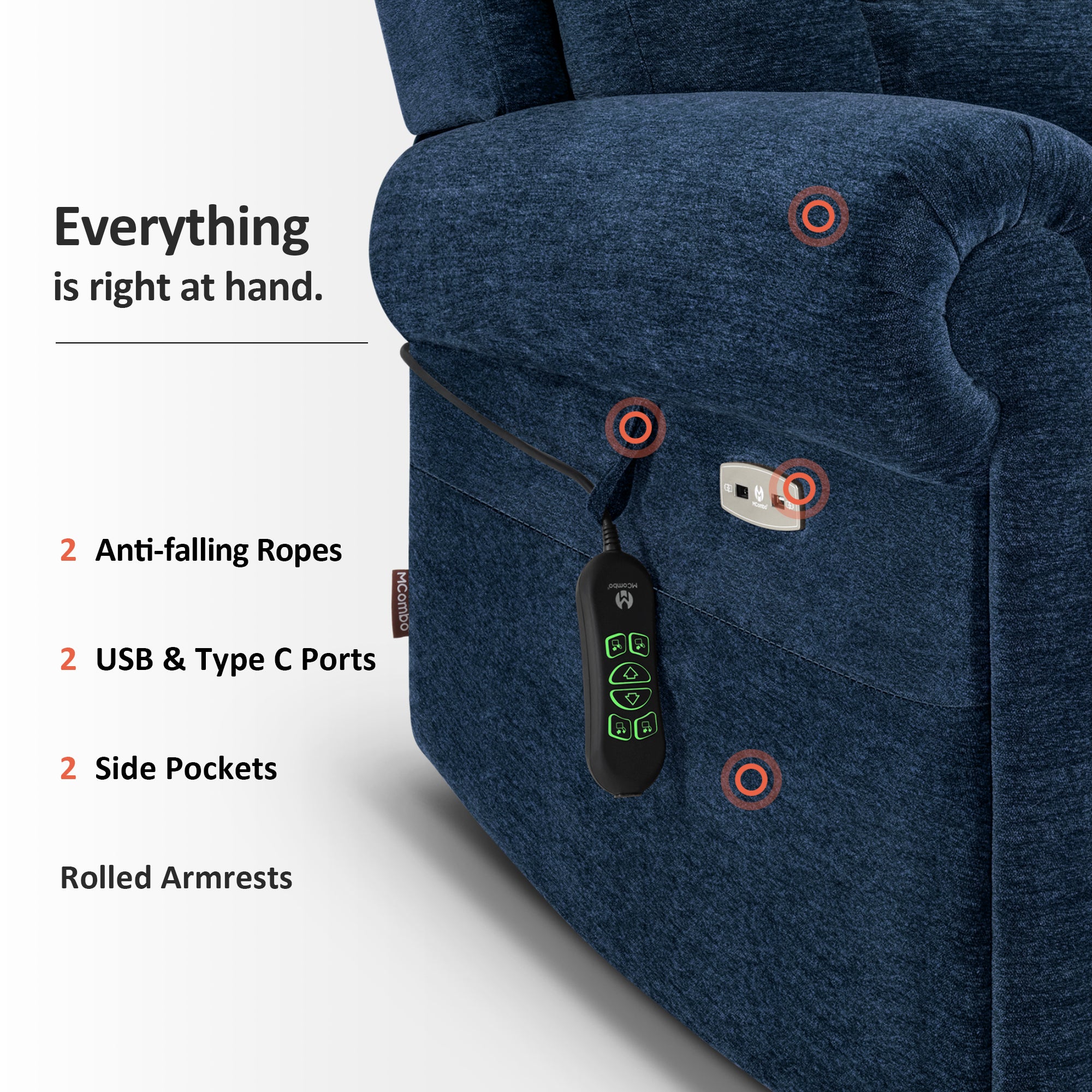 MCombo Triple Motor Power Lift Recliner Chair with Massage and Lumbar&seat Heating, Rolled Arms, Adjustable Headrest for Elderly People, Fabric 7888