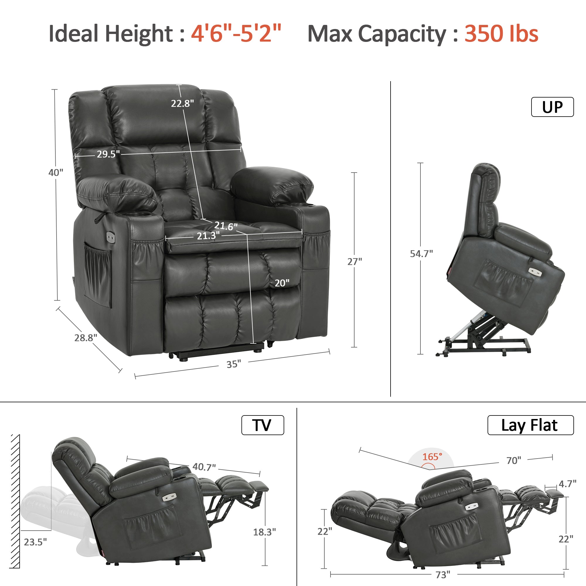 Dual Motor Power Lift Recliner Chair, Massage and Heat, Lay Flat for Sleeping, Faux Leather 7890|7893|7896|R7891|R7897|R7894