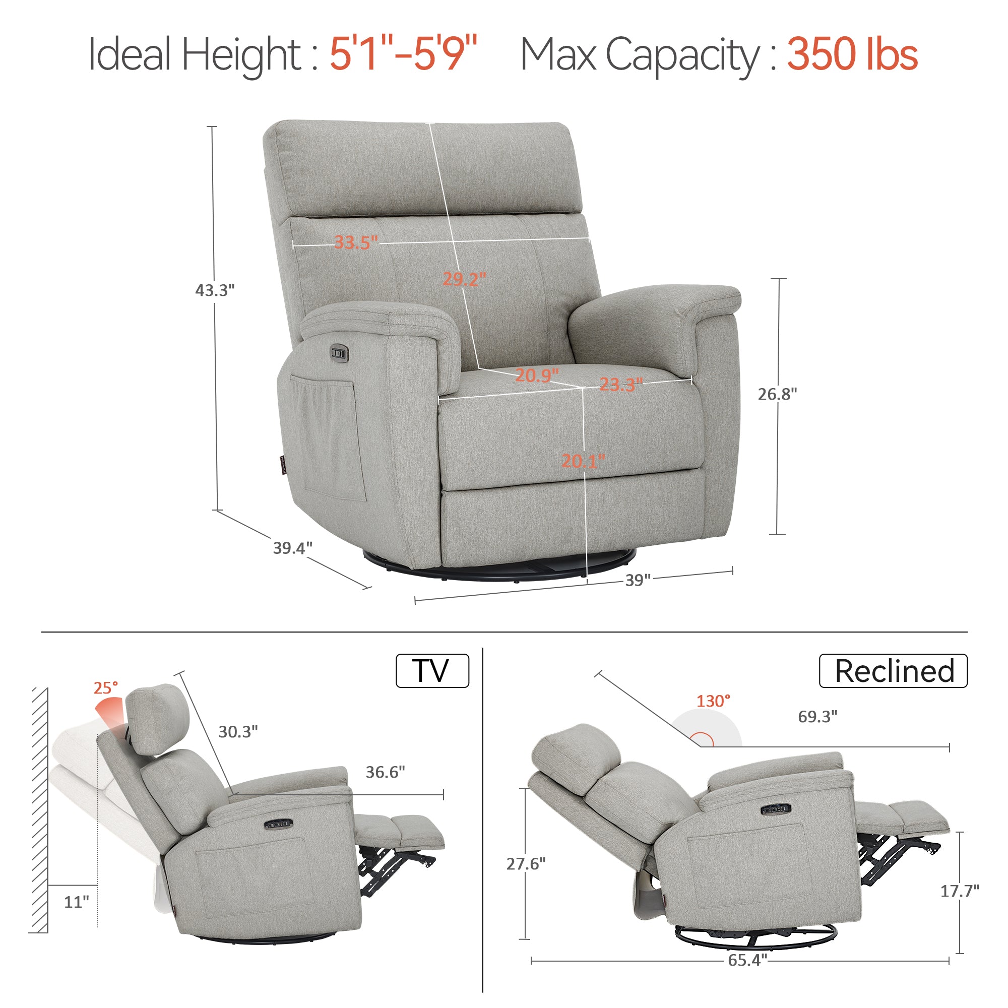 Power Swivel Glider Recliner Nursery Chair, Fabric PR601