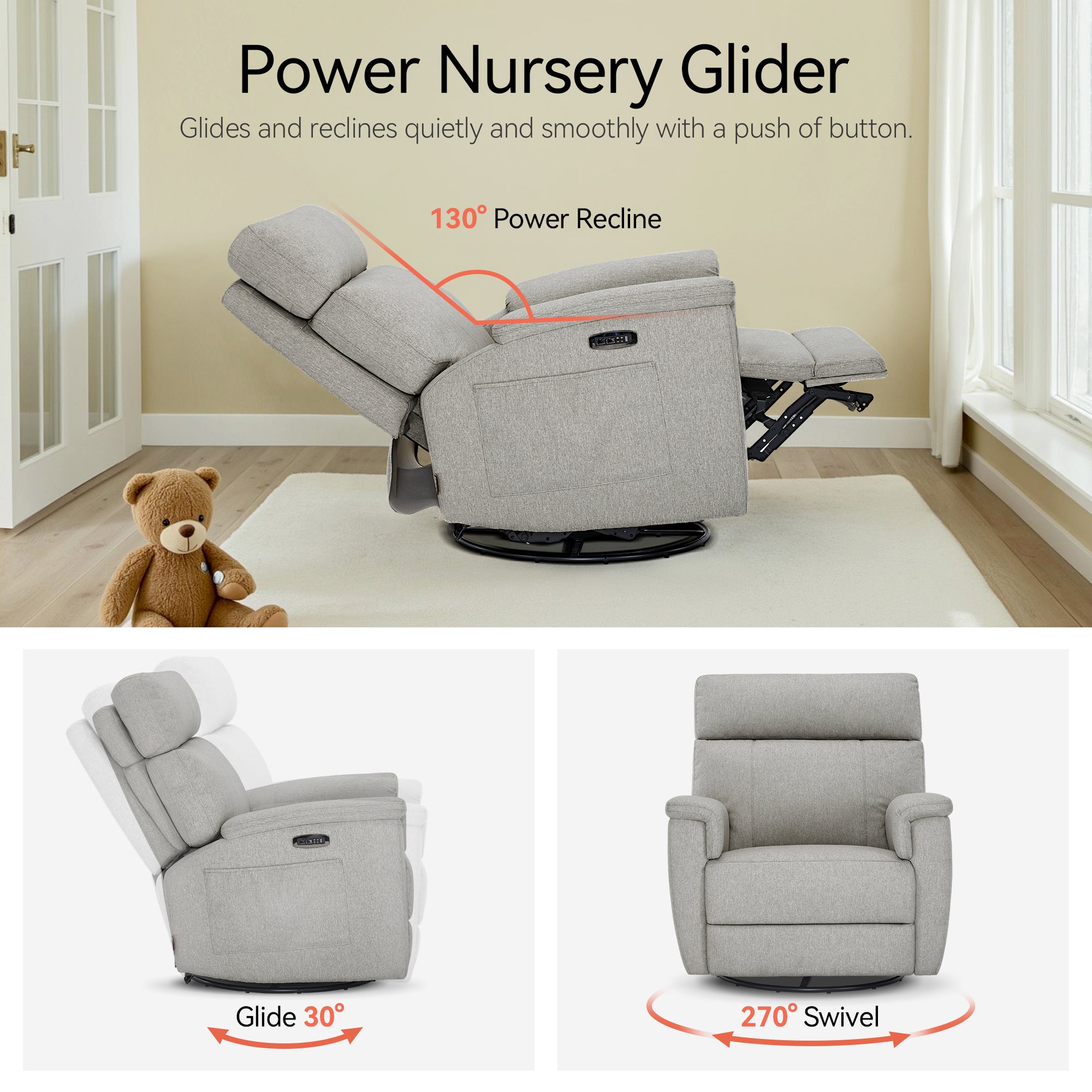 Power Swivel Glider Recliner Nursery Chair, Fabric PR601