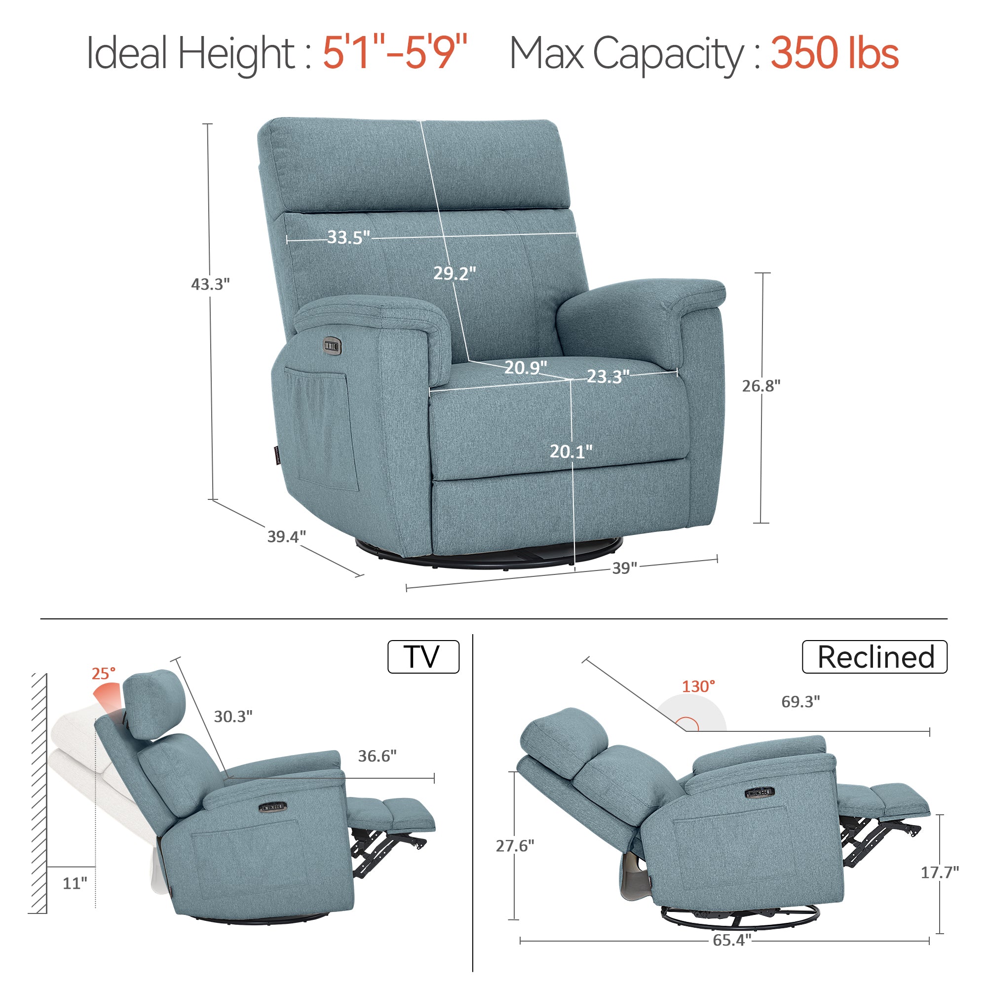 Power Swivel Glider Recliner Nursery Chair, Fabric PR601