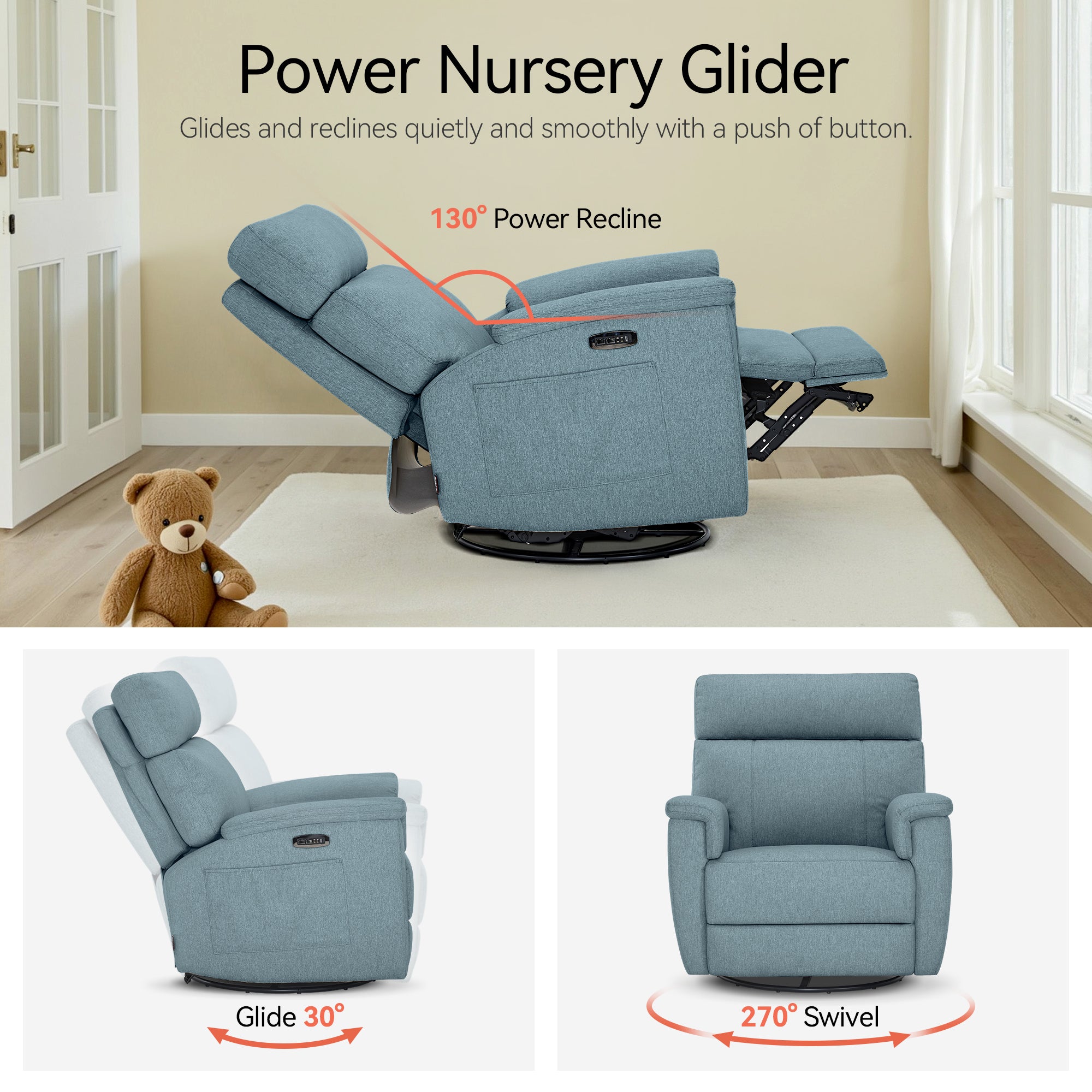 Power Swivel Glider Recliner Nursery Chair, Fabric PR601