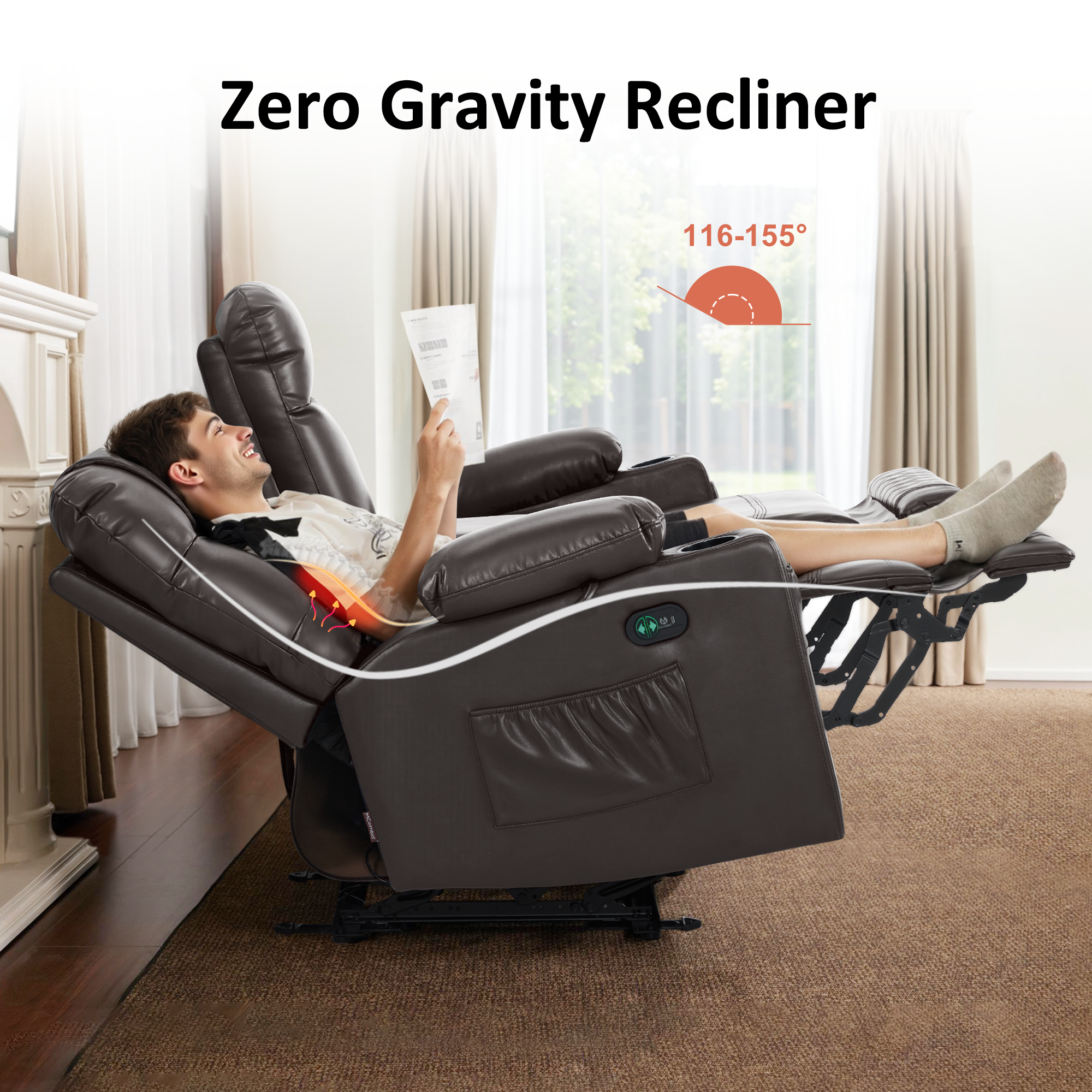 Power Reclining Loveseat with Console, Heat and Massage, Faux leather PR624
