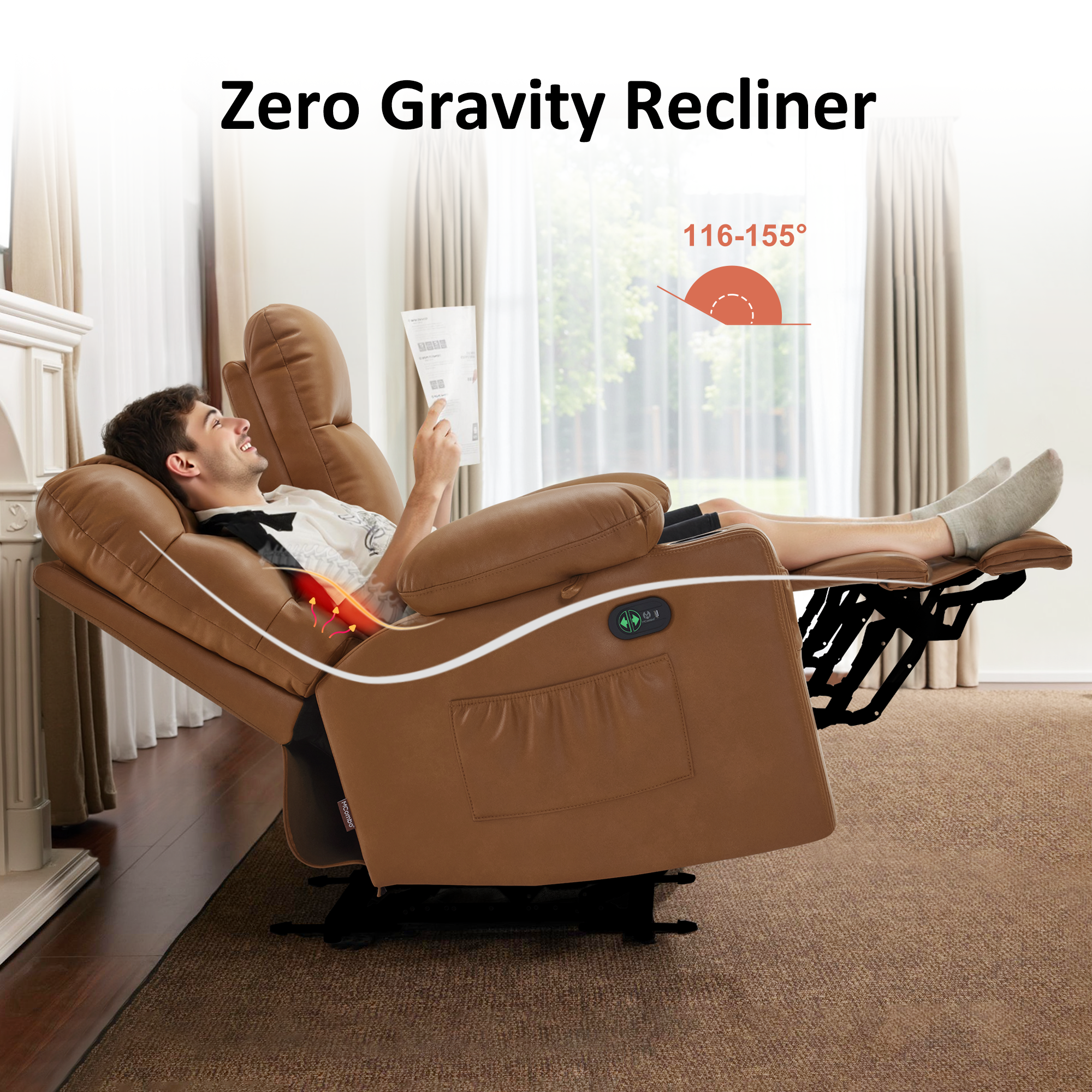 Power Reclining Loveseat with Console, Heat and Massage, Faux leather PR624