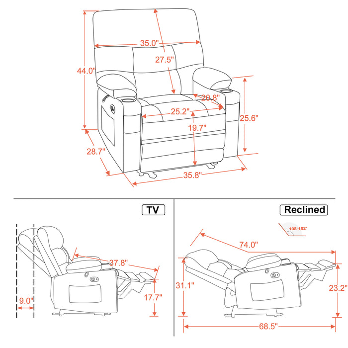 MCombo 25'' Large Power Recliner Chair, Electric Reclining with Massage, USB Port Breathable Leather Chair PR659