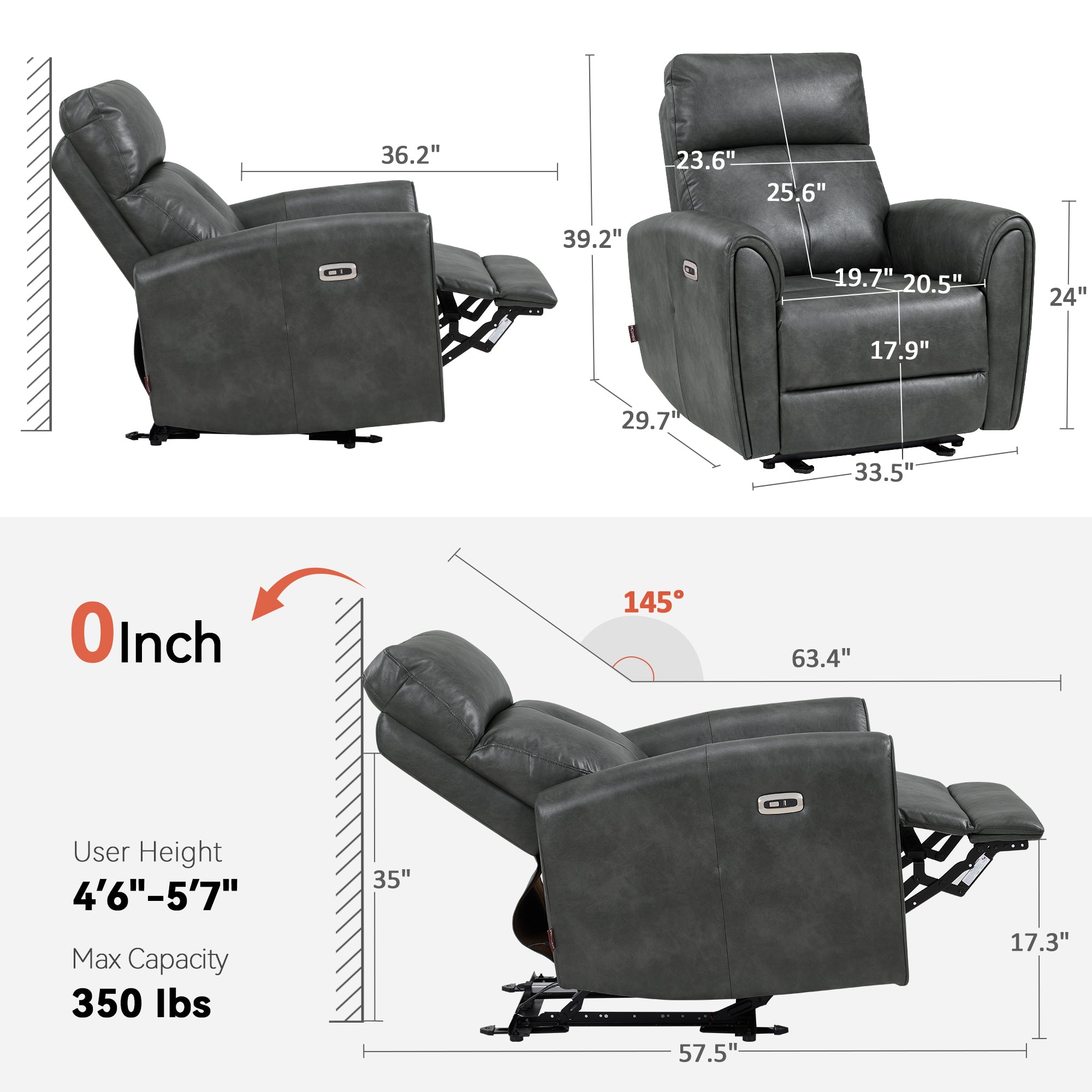 Zero Wall Hugger Recliners Chair for small space, Faux Leather PR699