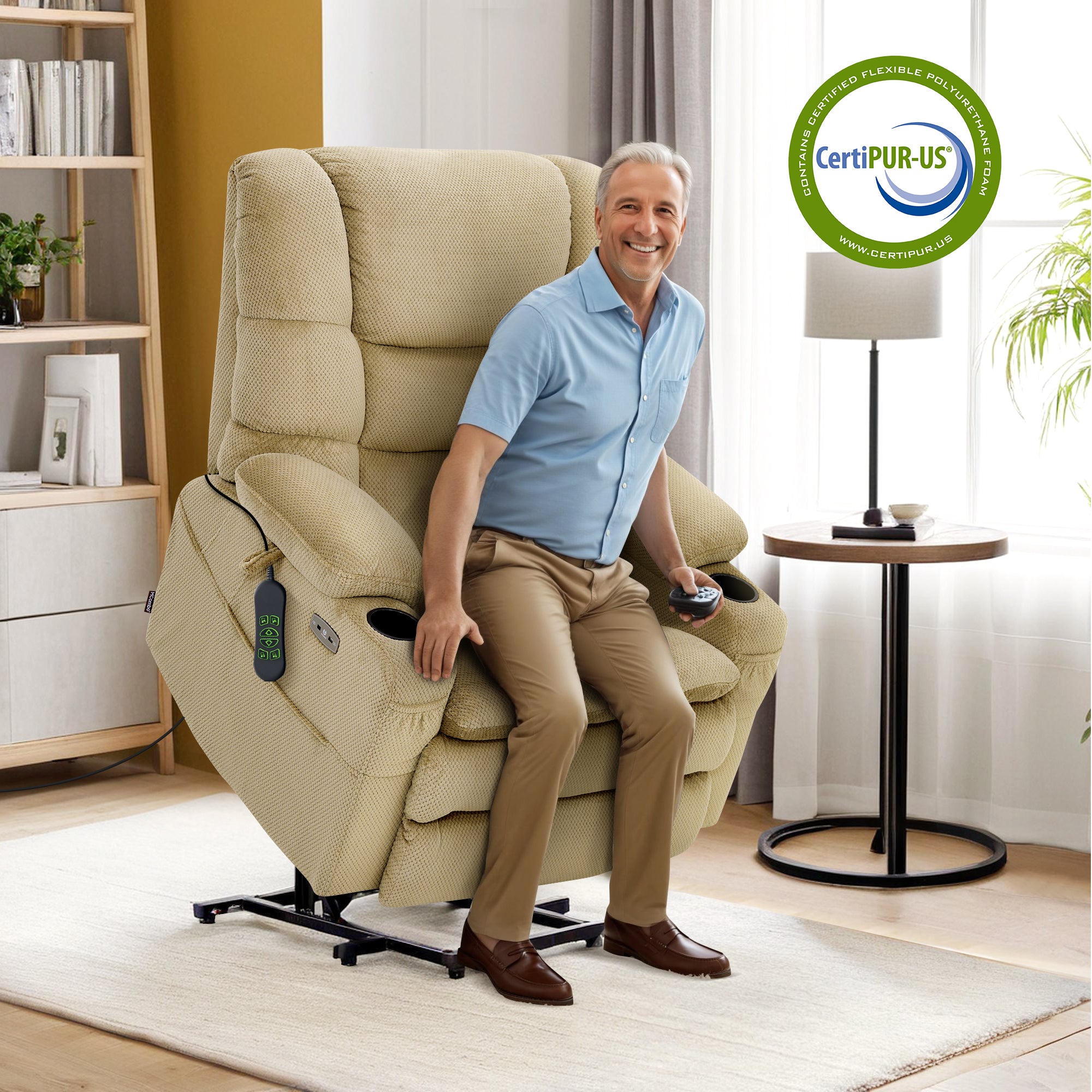 Power Lift Recliner Chair, Triple Motor, Massage and Heat, Fabric 7634|7631|7632|R7635