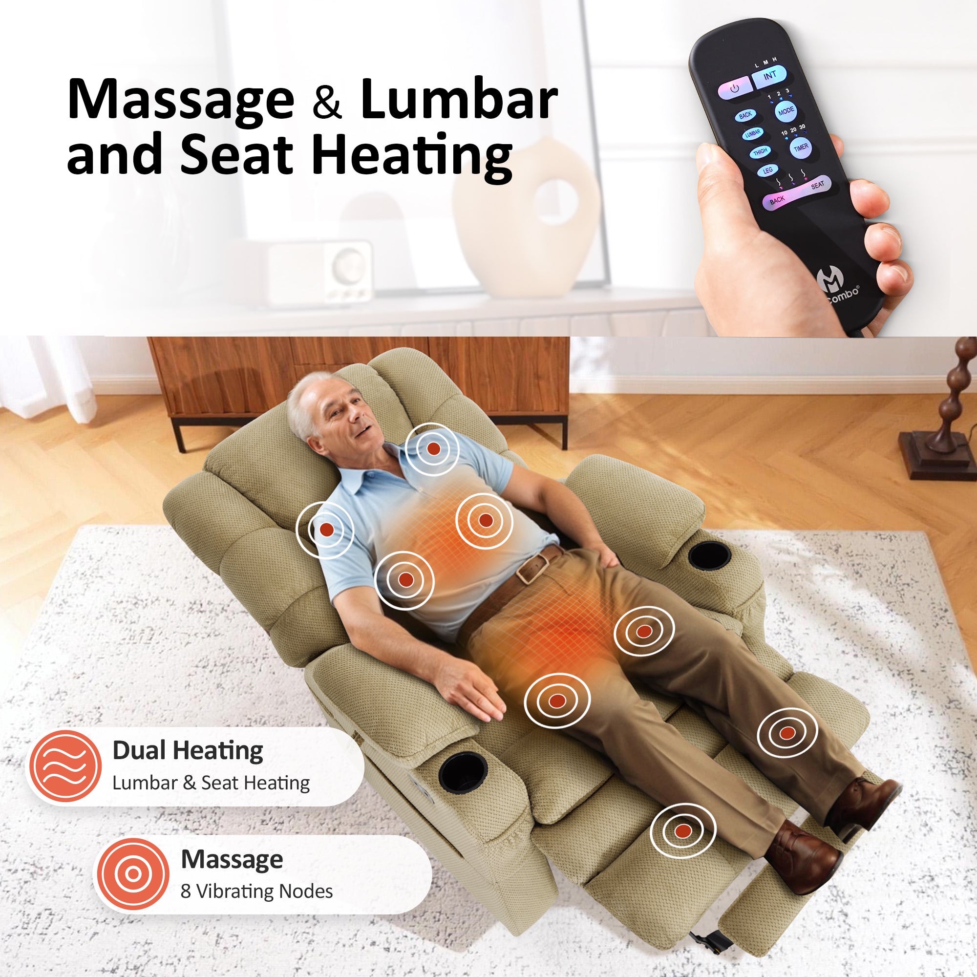 Power Lift Recliner Chair, Triple Motor, Massage and Heat, Fabric 7634|7631|7632|R7635