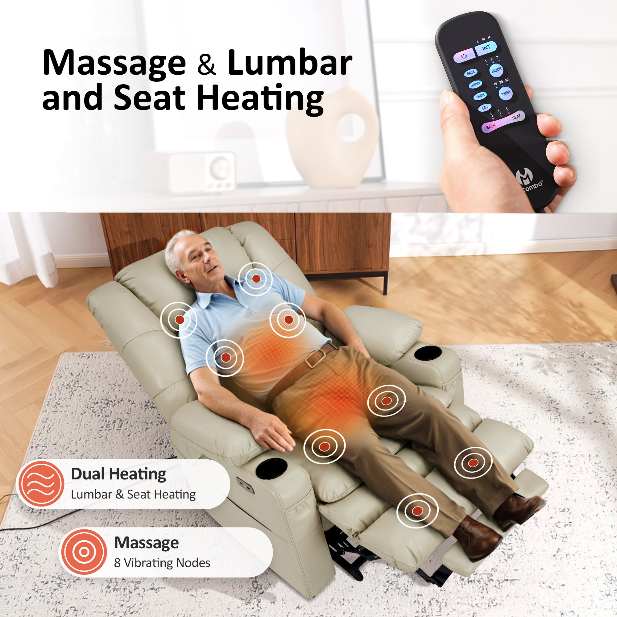 Power Lift Recliner Chair for Elderly,Triple Motor, Massage and Heat, Faux Leather 7632|7634|R7635