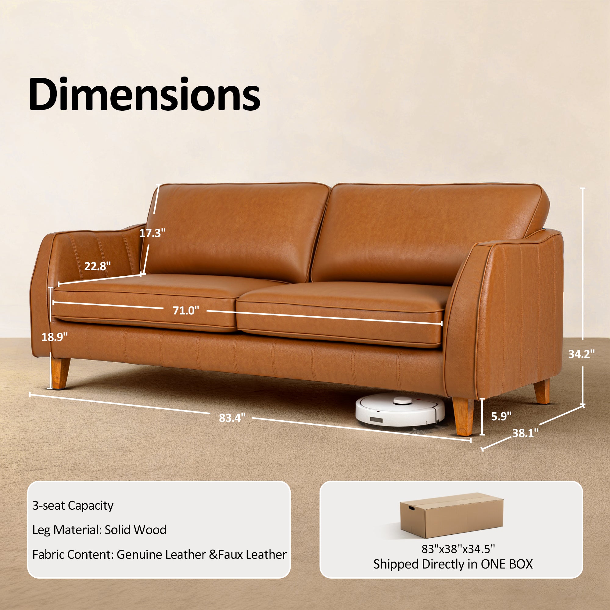 83.4 Inch Napa Leather Couch, Solid Wood Frame for Living Room, Office VE727