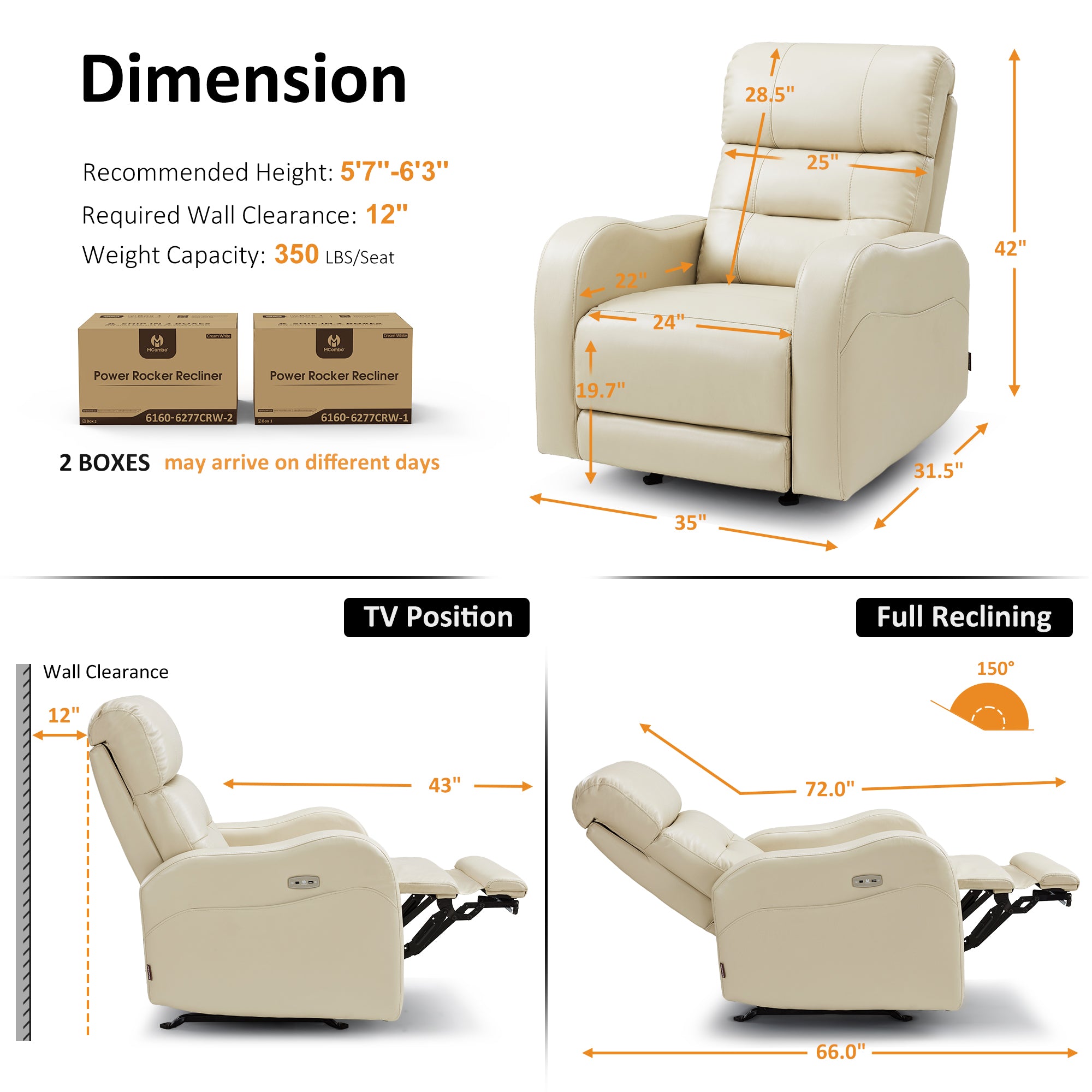 Oversized Triple Motor Power Rocker Recliner for Adults, USB & Type-C, Faux Leather 6277
