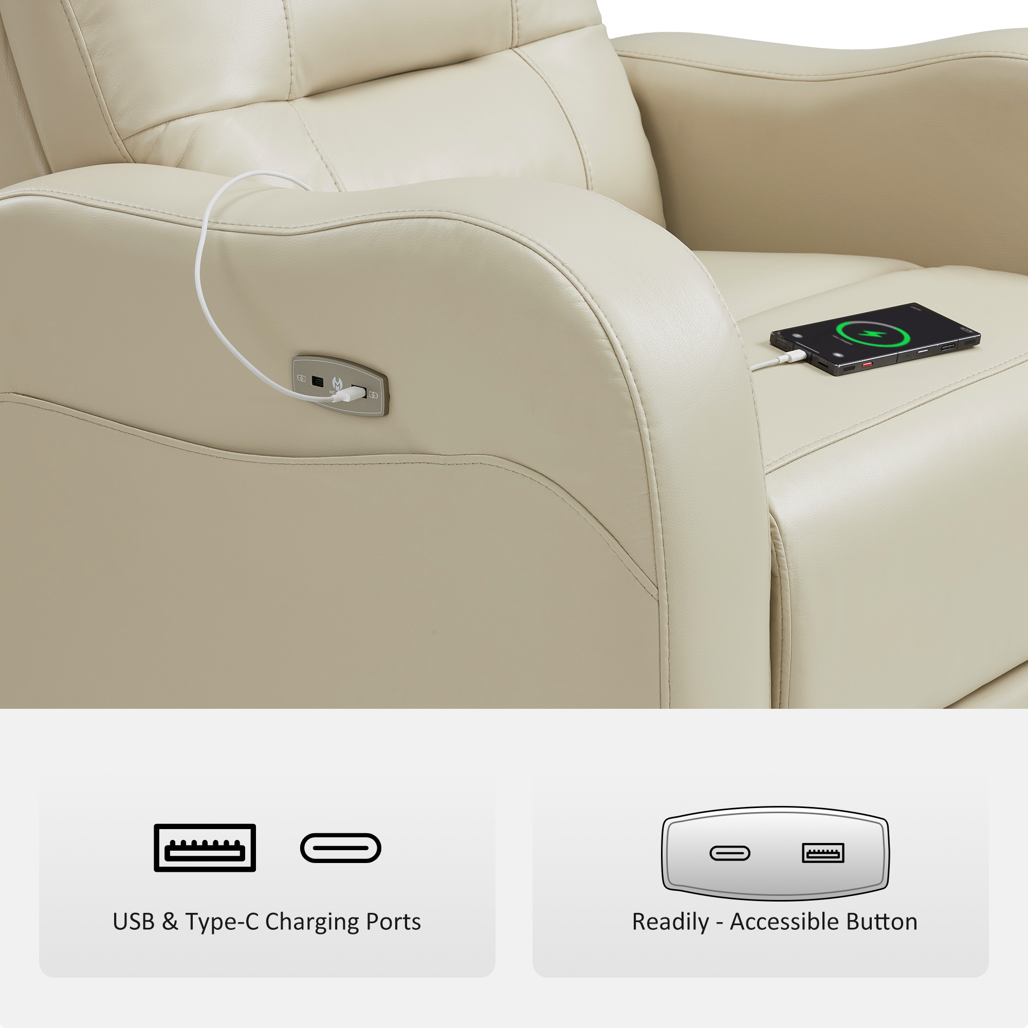Oversized Triple Motor Power Rocker Recliner for Adults, USB & Type-C, Faux Leather 6277