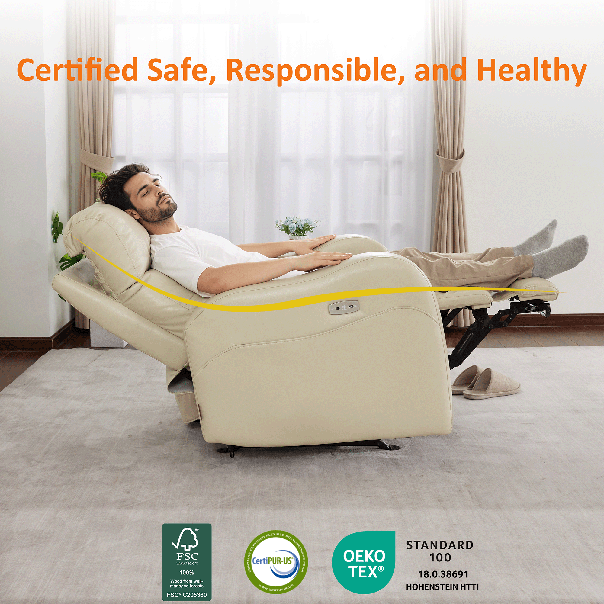 Oversized Triple Motor Power Rocker Recliner for Adults, USB & Type-C, Faux Leather 6277