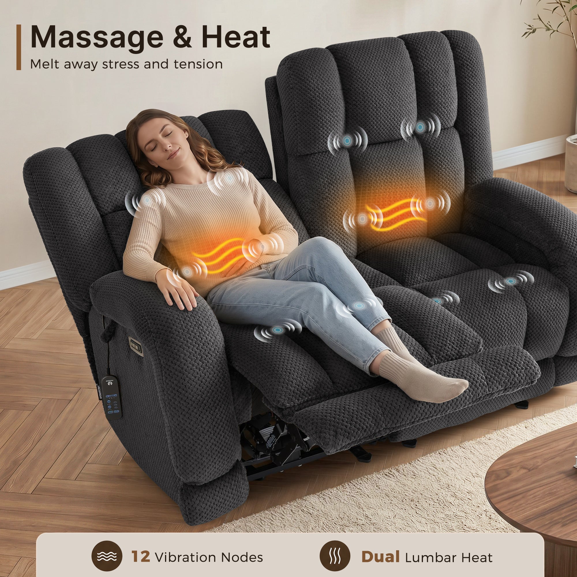 Power Reclining Loveseat with Heat and Massage, Fabric 6855