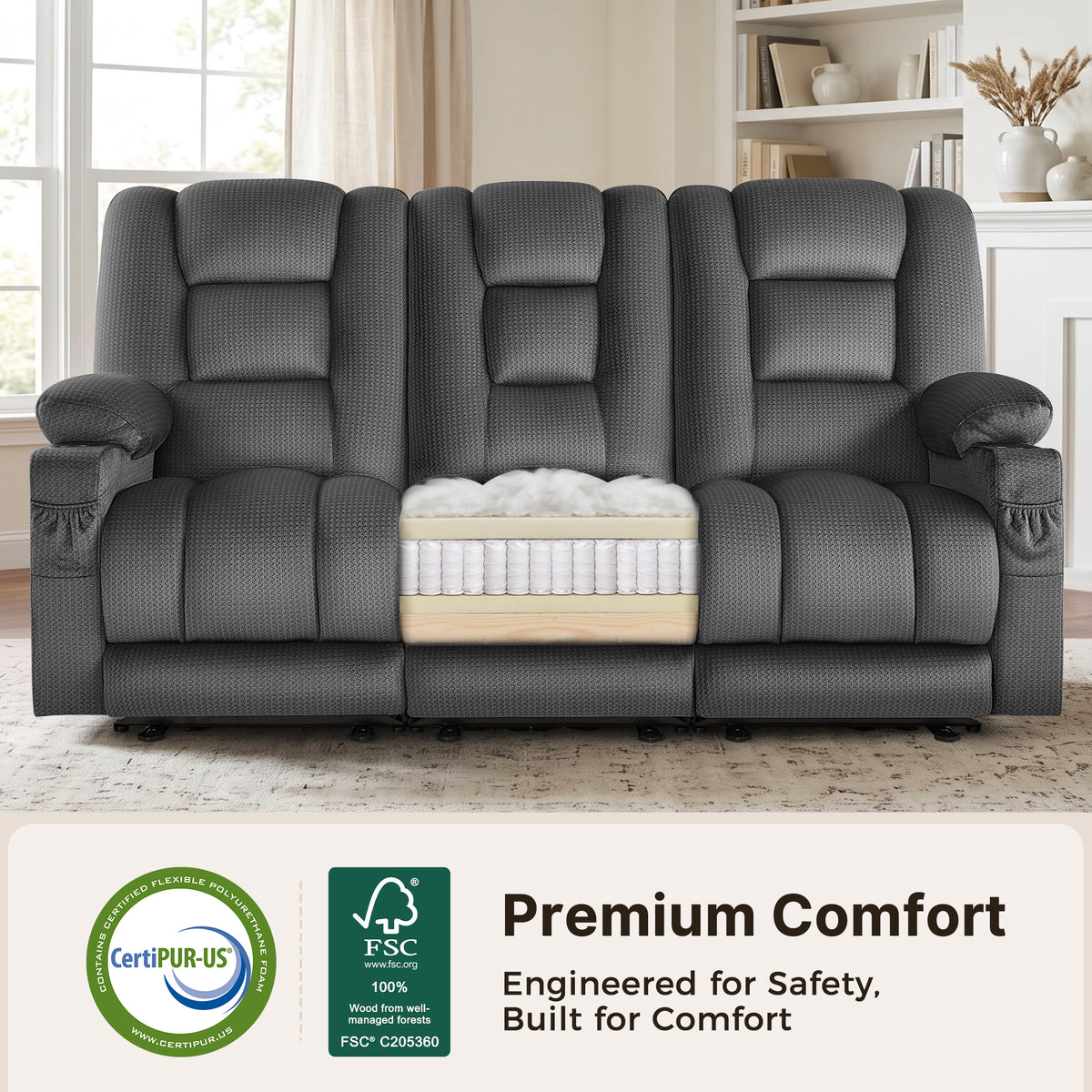 82 in 3 Seater Reclining Sofa with Heat and Massage PR648M3