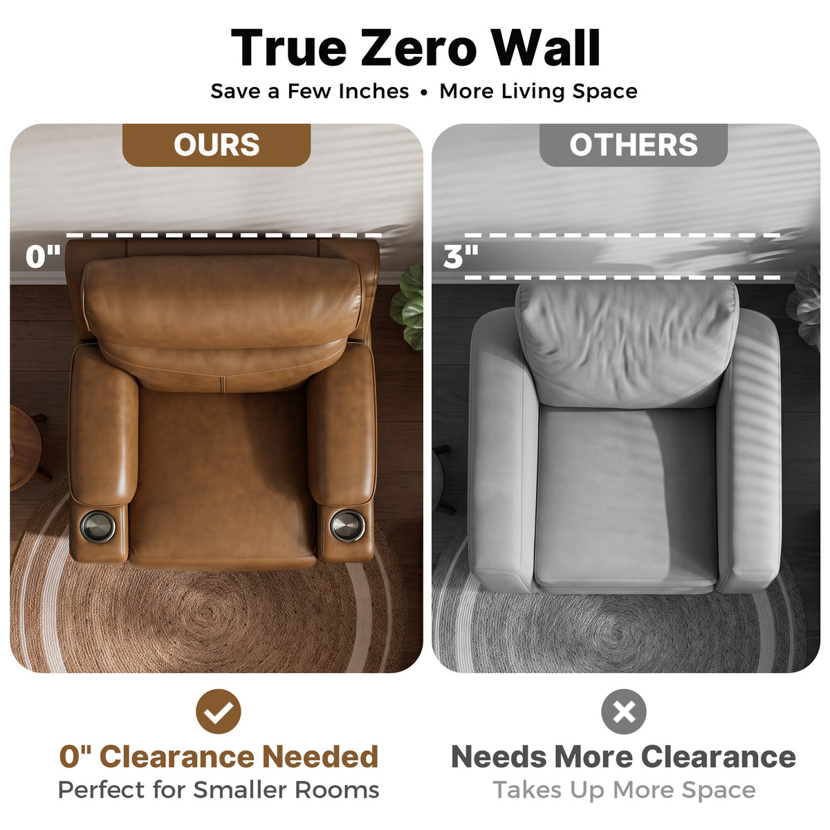 Genuine Leather Zero-Wall Power Recliner with Adjustable Headrest, Cup Holders GL58