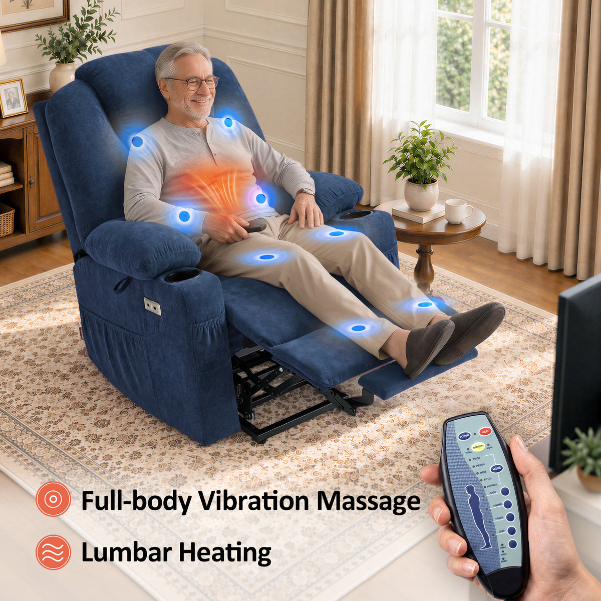 Power Lift Recliner Chair for Elderly, Massage and Heat, Fabric 7040|7516|7141|R7042|R7045|R7510