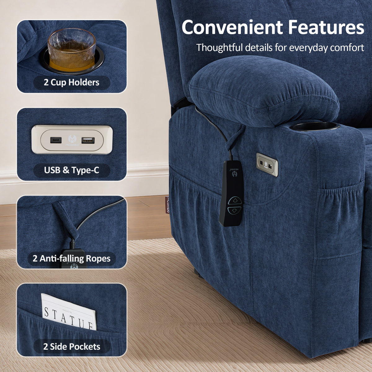 Power Lift Recliner Chair for Elderly, Massage and Heat, Fabric 7040|7516|7141|R7042|R7045|R7510