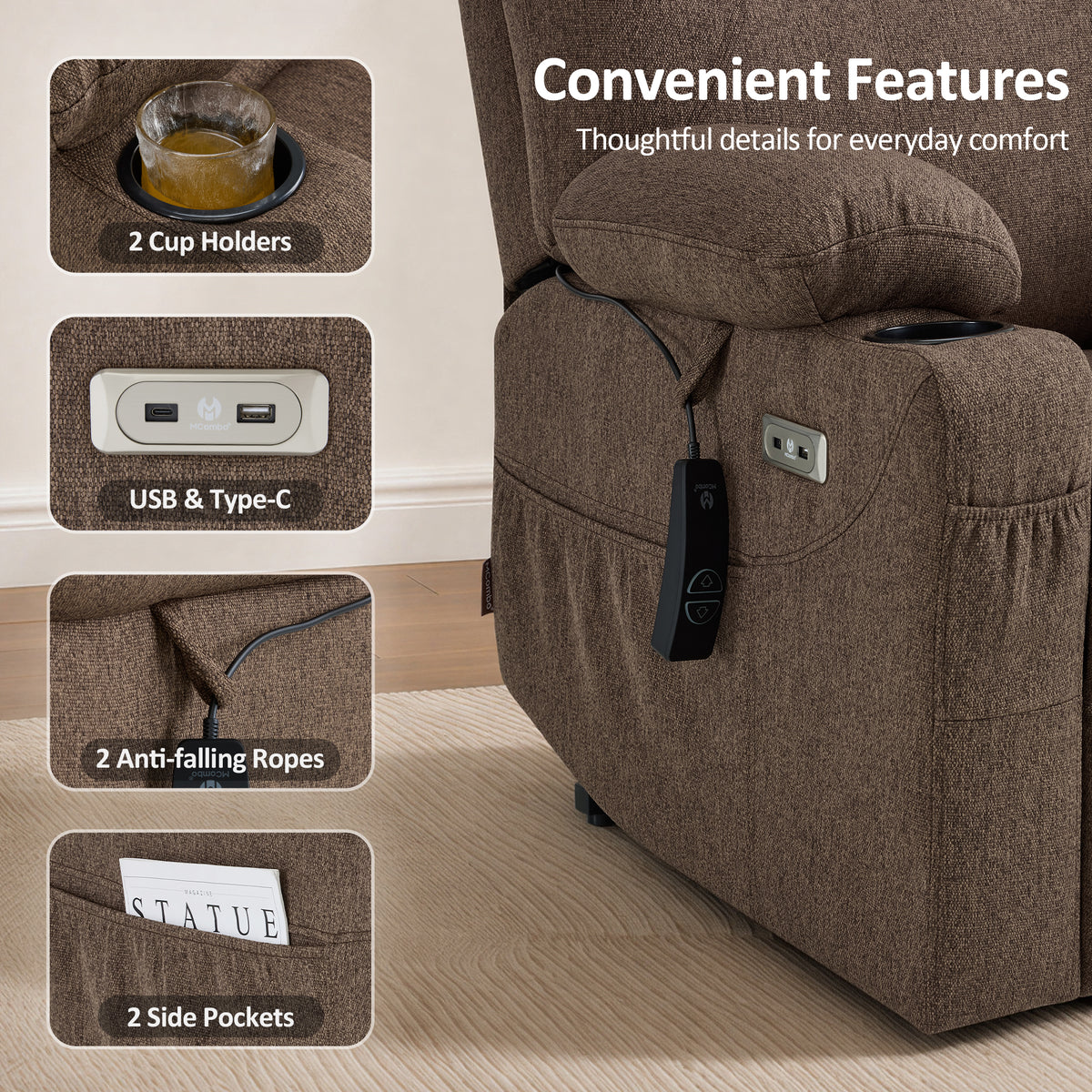 Power Lift Recliner Chair for Elderly, Massage and Heat, Fabric 7040|7516|7141|R7042|R7045|R7510