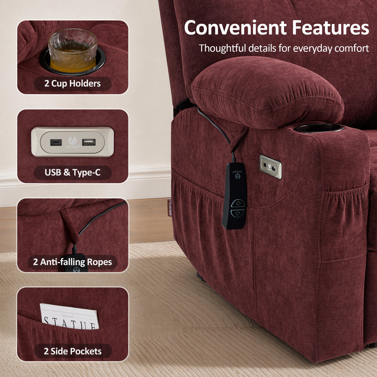 Power Lift Recliner Chair for Elderly, Massage and Heat, Fabric 7040|7516|7141|R7042|R7045|R7510