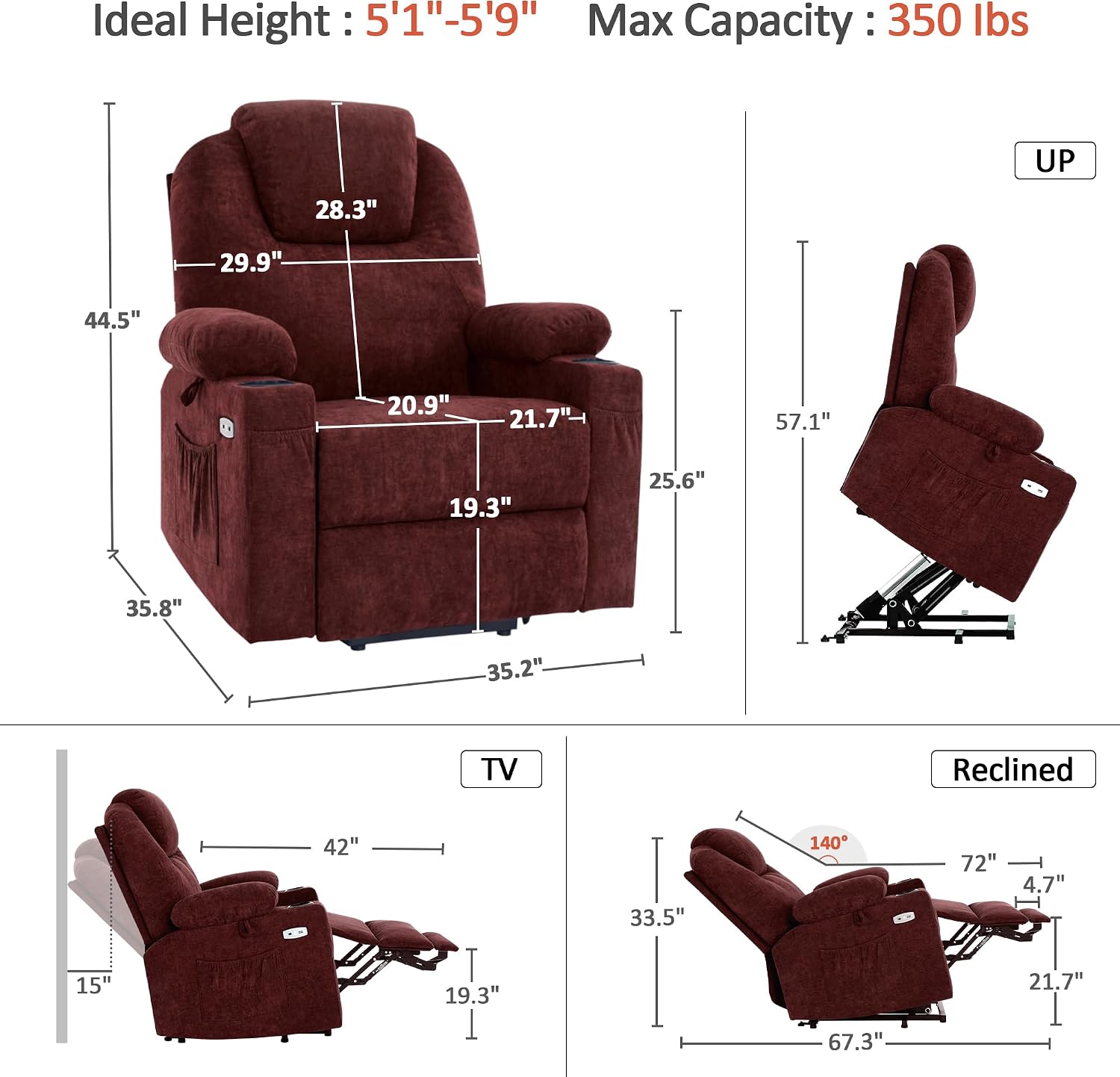 Power Lift Recliner Chair for Elderly, Massage and Heat, Fabric 7040|7516|7141|R7042|R7045|R7510