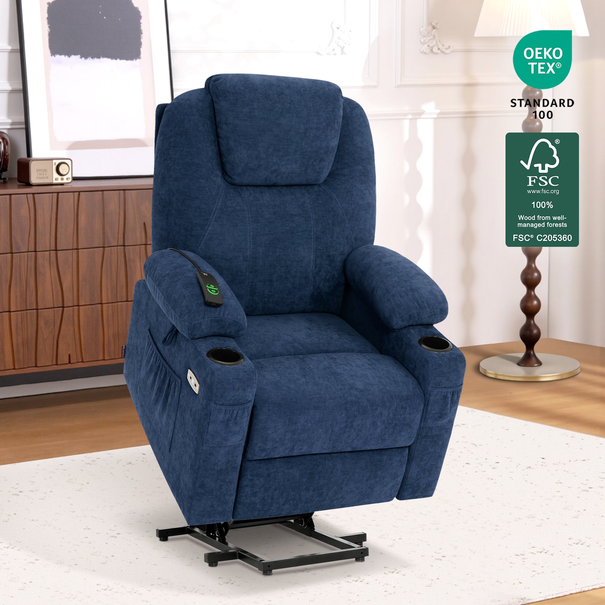 Power Lift Recliner Chair for Elderly, Massage and Heat, Fabric 7040|7516|7141
