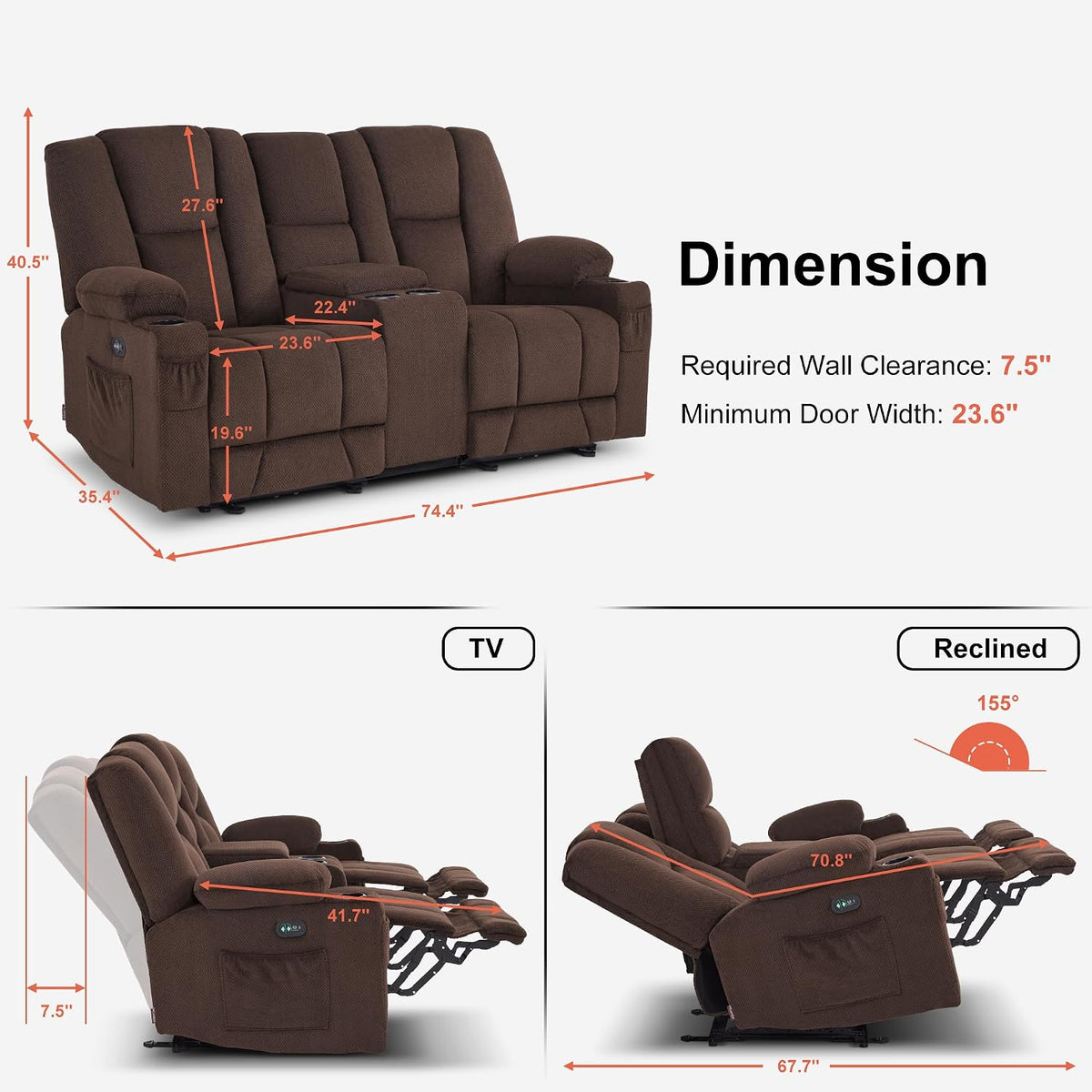 75 in Reclining Loveseat Recliner with Storage Console 6034M2