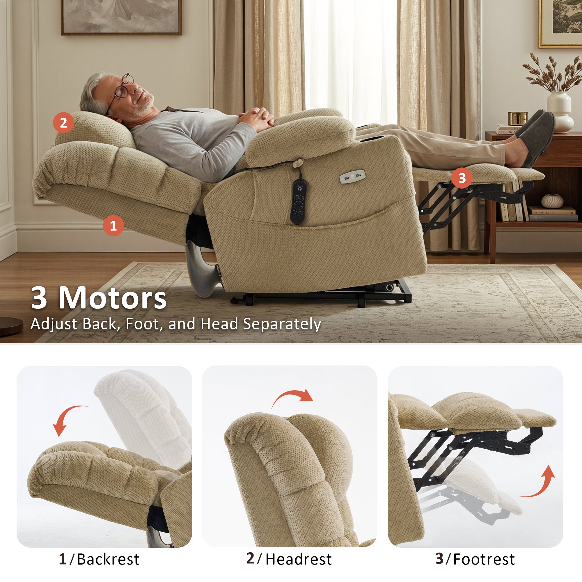 Power Lift Recliner Chair, Triple Motor, Massage and Heat, Fabric 7634|7631|7632|R7635