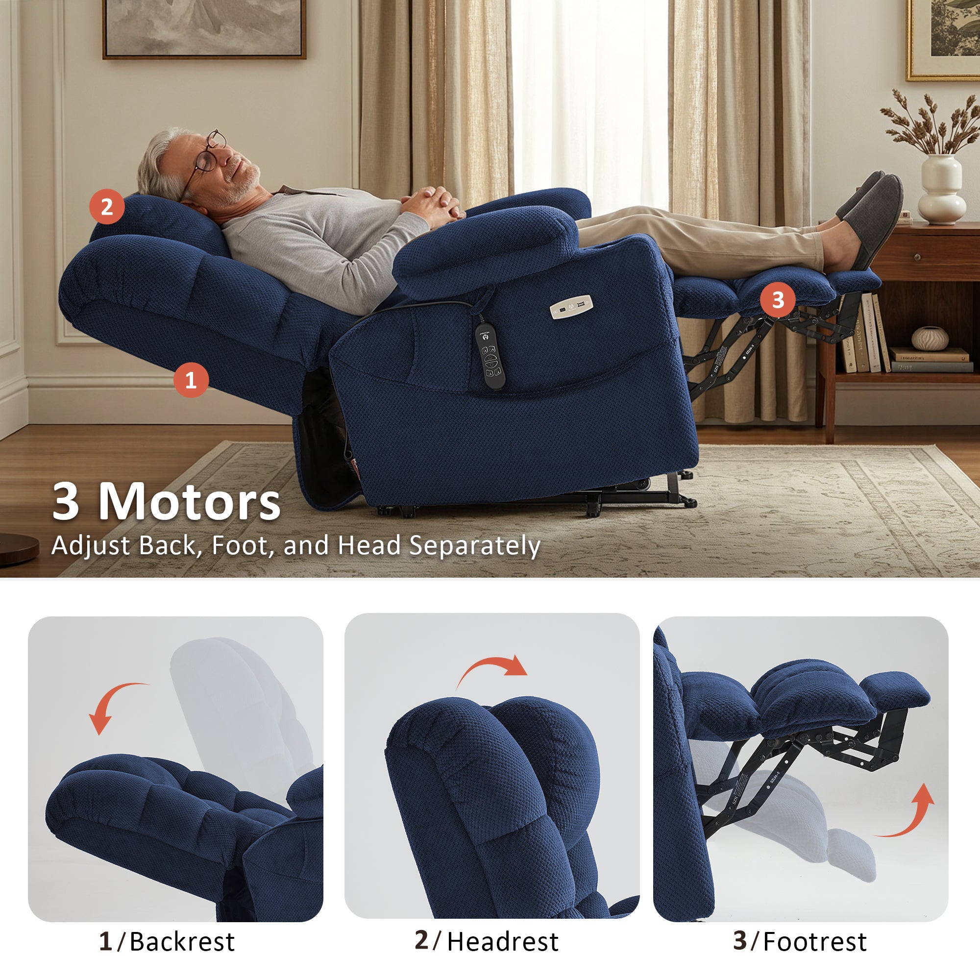 Power Lift Recliner Chair, Triple Motor, Massage and Heat, Fabric 7634|7631|7632|R7635