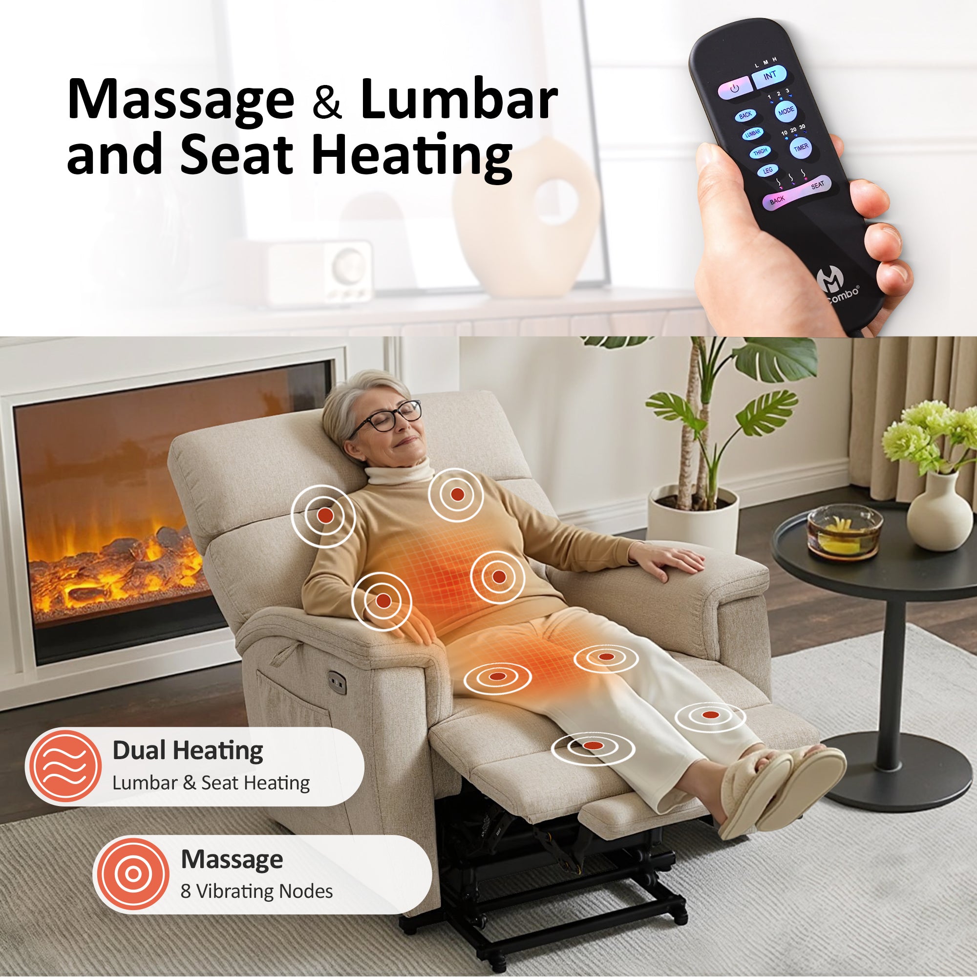 Power Lift Recliner Chair for Elderly, Massage and Heat, Fabric R7605