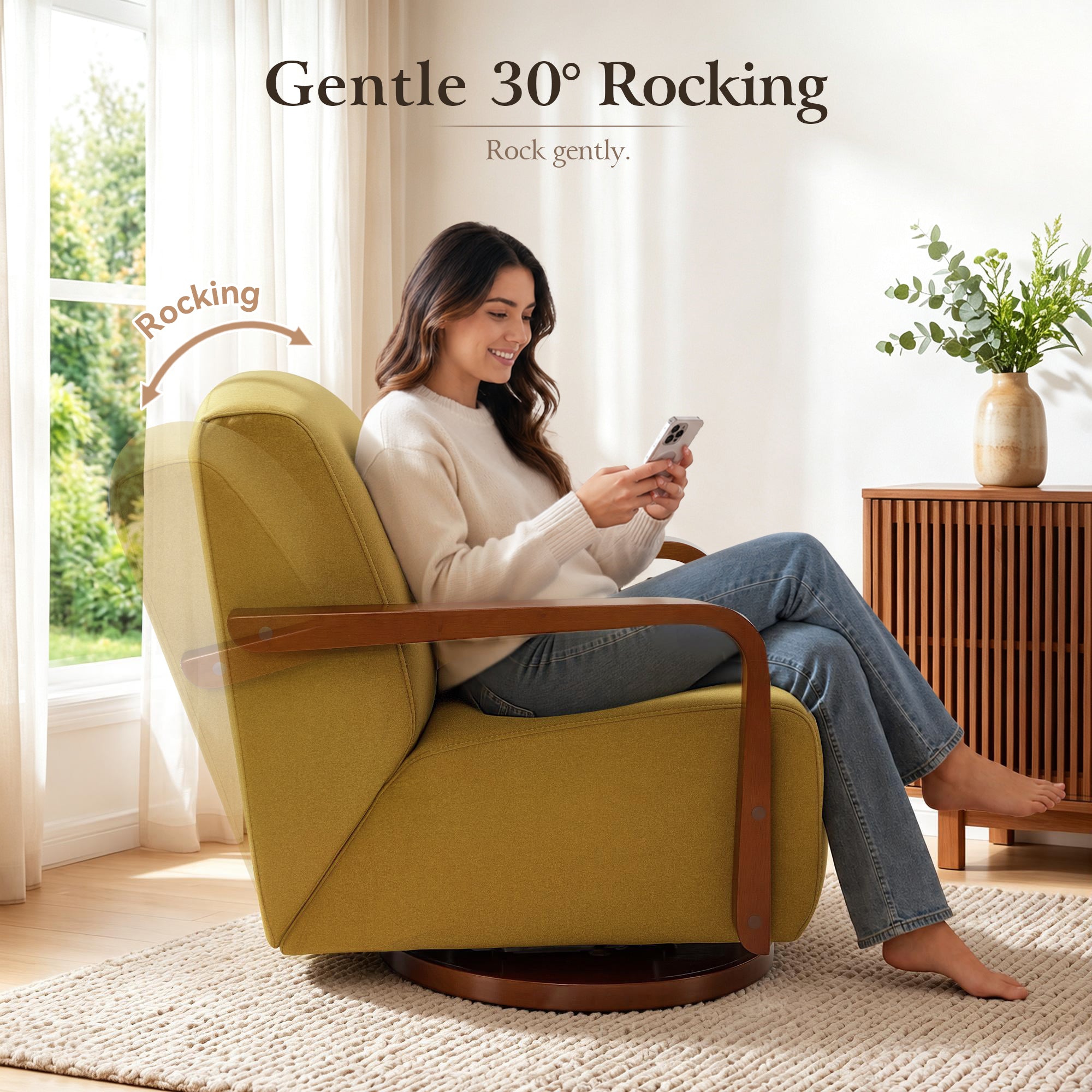 Swivel Glider Accent Chair, Wood Arm, Pet-Friendly Fabric, Classic Style for Living Room & Bedroom