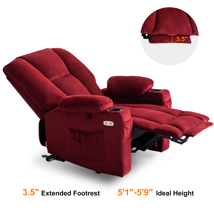 Mcombo Electric Power Recliner Chair with Massage & Heat, Extended Footrest, USB Ports, 2 Side Pockets, Cup Holders, Plush Fabric 8015