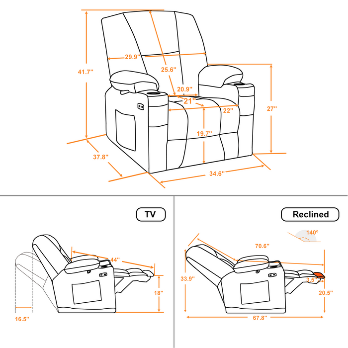 Mcombo Electric Power Recliner Chair with Massage & Heat, Extended Footrest, USB Ports, 2 Side Pockets, Cup Holders, Plush Fabric 8015