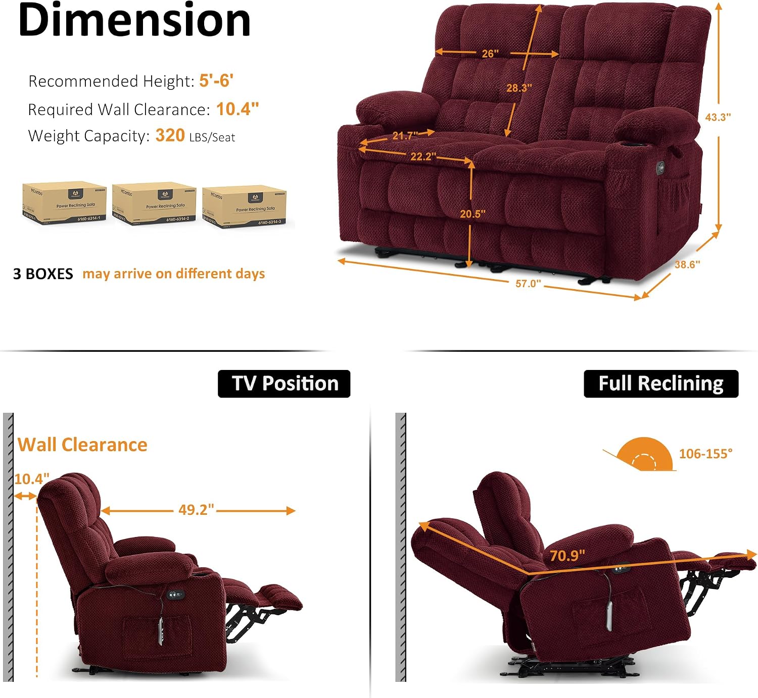 Power Reclining Loveseat with Heat and Massage, Fabric 6314|6316M3