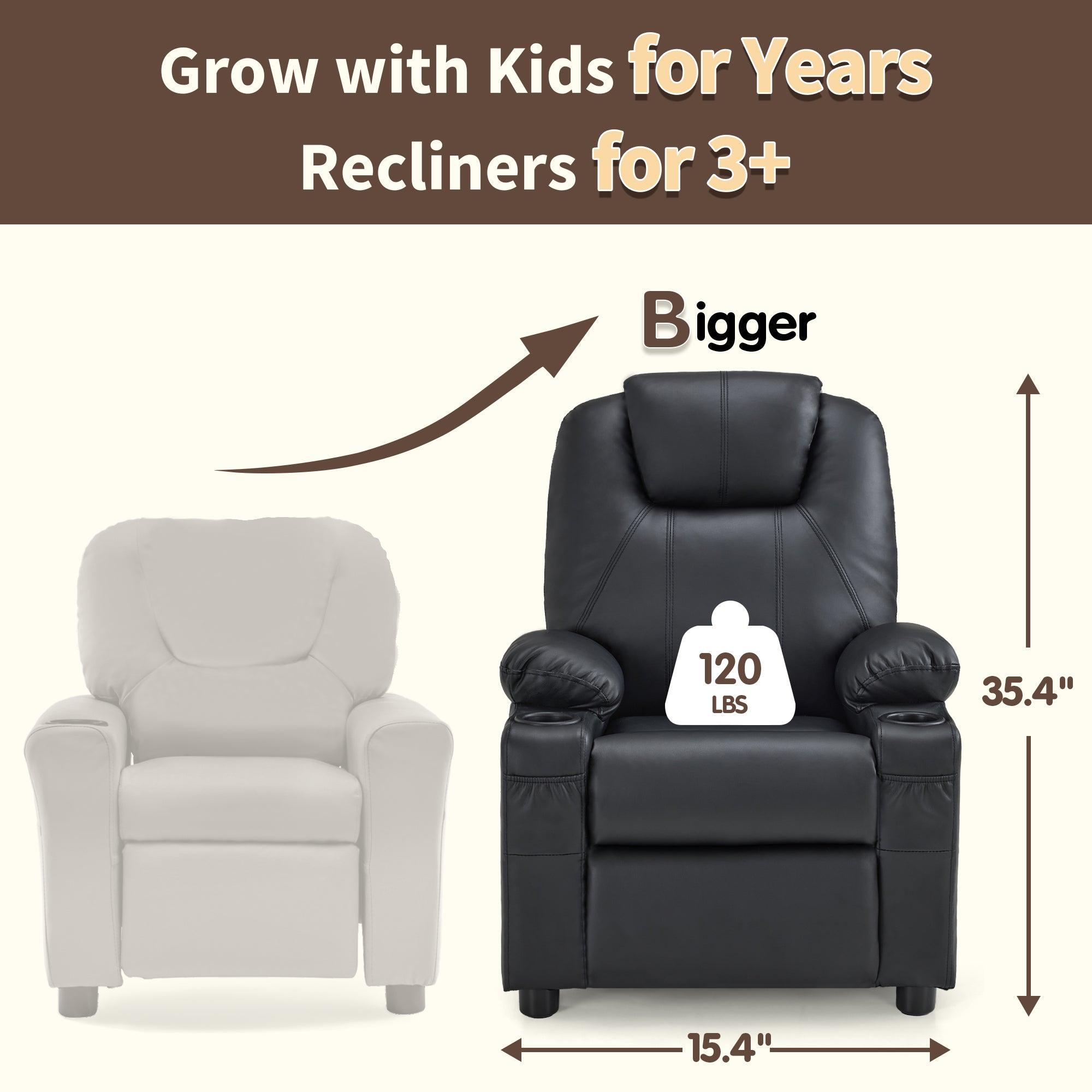 Big Kids Recliner for Ages 3+, Child Reclining Chair, Toddlers Recliner Sofa with Cup Holders 7388