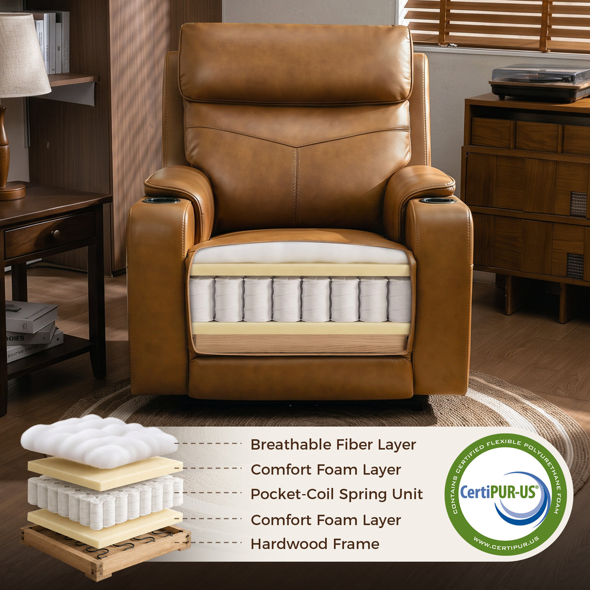 Genuine Leather Zero-Wall Power Recliner with Adjustable Headrest, Cup Holders GL58
