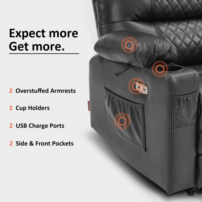 MCombo Power Recliner Chair, Electric Reclining with Heat and Massage for Adult, Cup Holder, USB Port, Extended Footrest, Breathable Leather Electric Reliner Sofa Seat for Living Room, 6160-PR621 (No Lift)