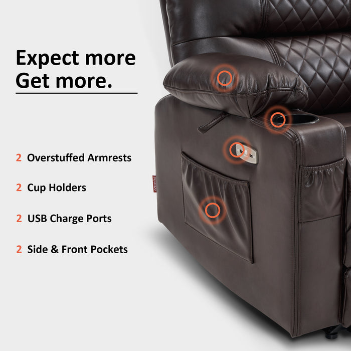 MCombo Power Recliner Chair, Electric Reclining with Heat and Massage for Adult, Cup Holder, USB Port, Extended Footrest, Breathable Leather Electric Reliner Sofa Seat for Living Room, 6160-PR621 (No Lift)