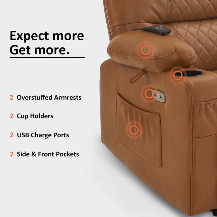 MCombo Power Recliner Chair, Electric Reclining with Heat and Massage for Adult, Cup Holder, USB Port, Extended Footrest, Breathable Leather Electric Reliner Sofa Seat for Living Room, 6160-PR621 (No Lift)