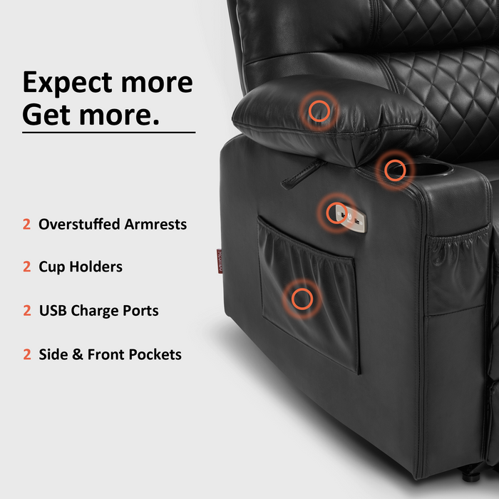 MCombo Power Recliner Chair, Electric Reclining with Heat and Massage for Adult, Cup Holder, USB Port, Extended Footrest, Breathable Leather Electric Reliner Sofa Seat for Living Room, 6160-PR621 (No Lift)