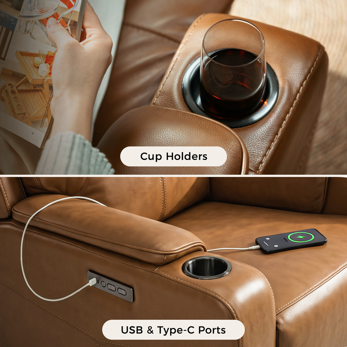 Genuine Leather Zero-Wall Power Recliner with Adjustable Headrest, Cup Holders GL58