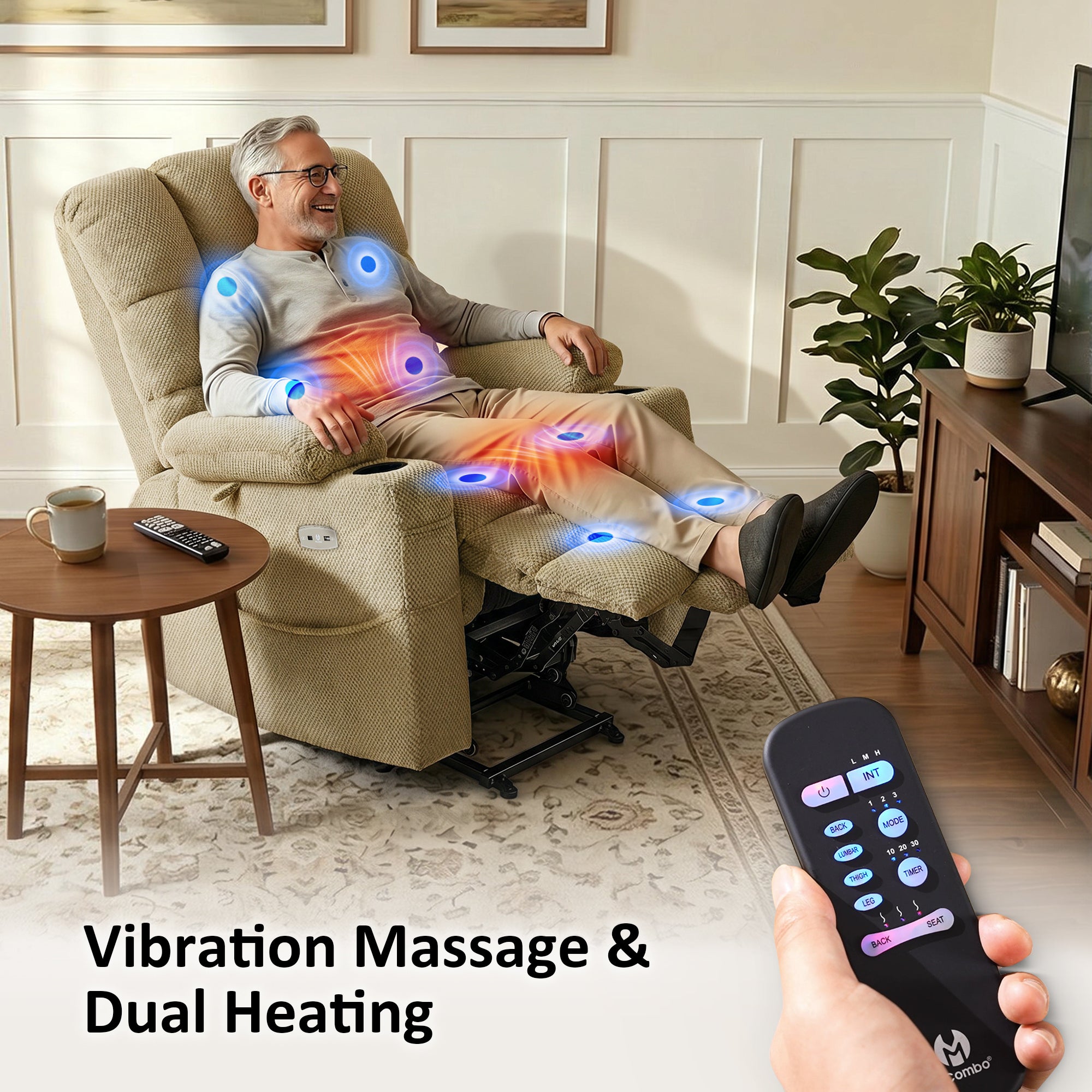 Power Lift Recliner Chair, Triple Motor, Massage and Heat, Fabric 7634|7631|7632|R7635