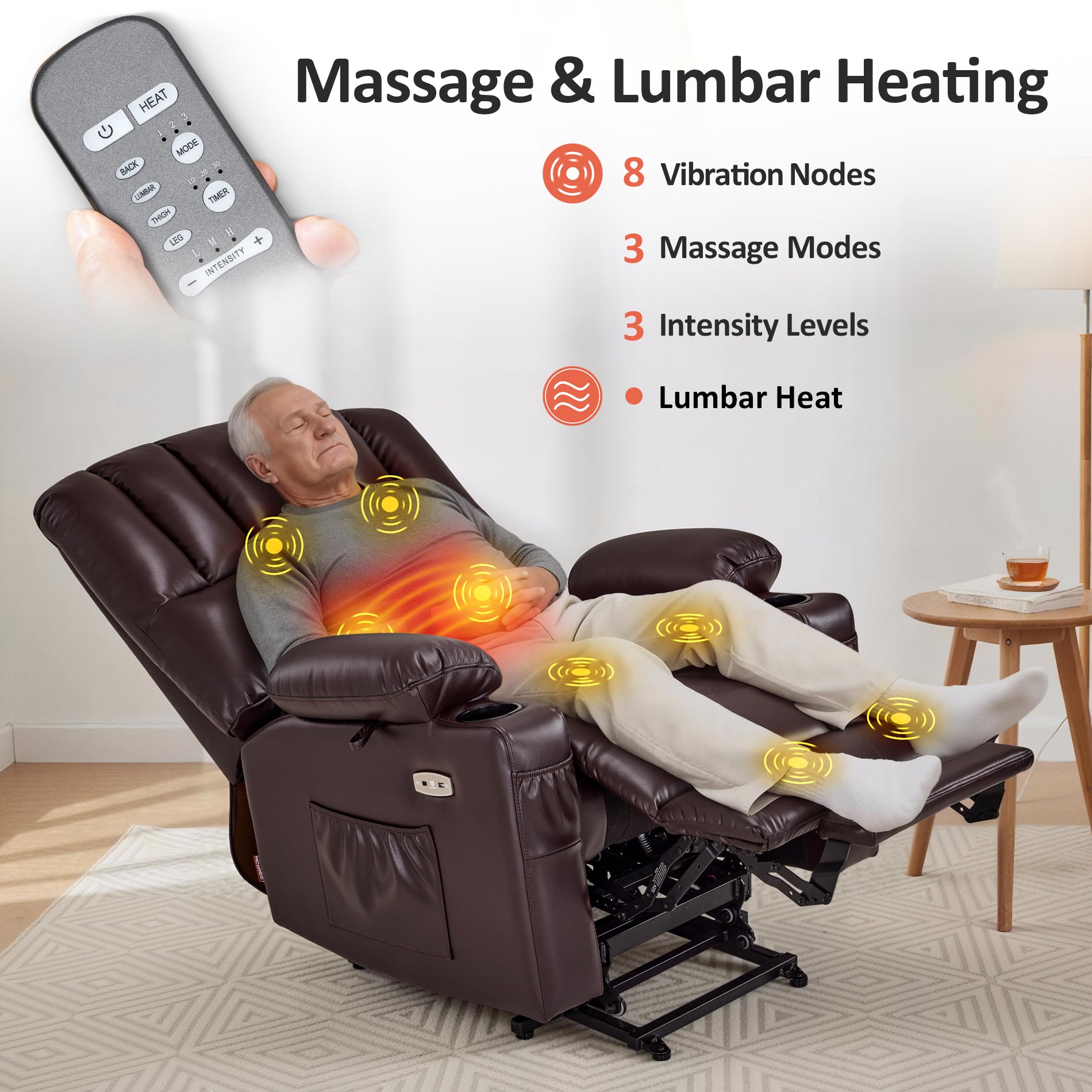 Power Lift Recliner Chair for Elderly, Massage and Heat, Faux Leather 7095|7099|R7092|R7096