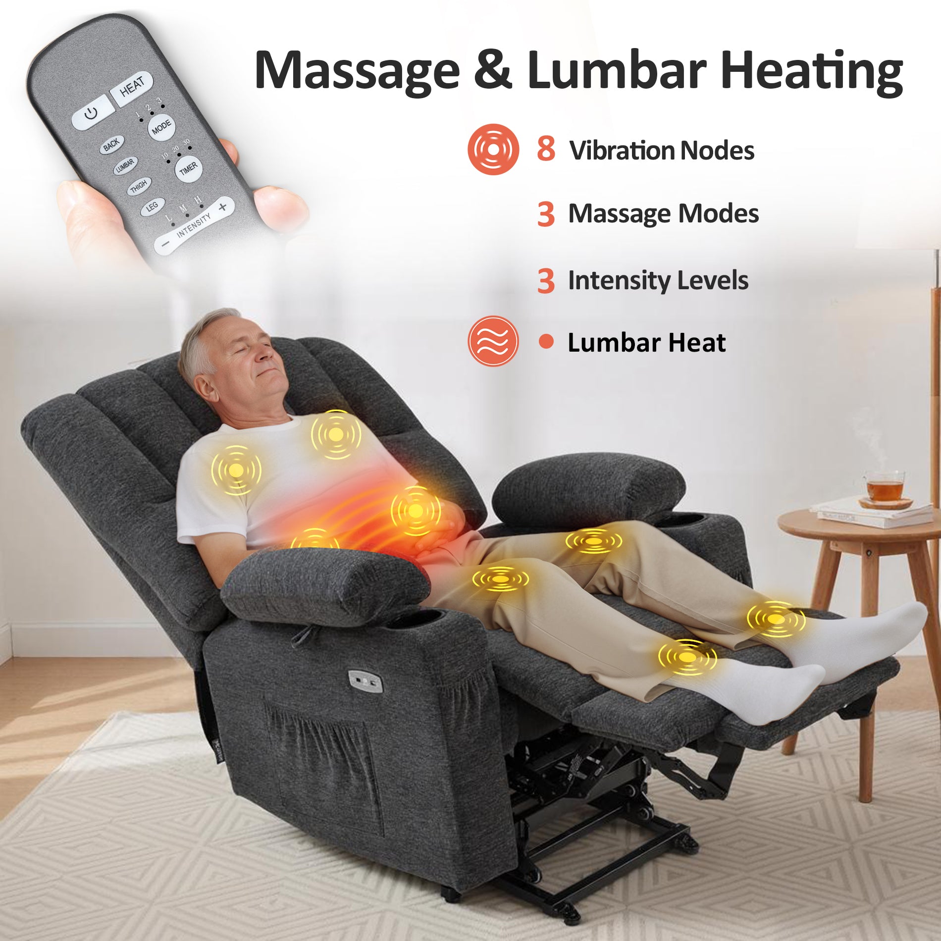 Power Lift Recliner Chair, Massage and Heat, Fabric 7095|7099|R7092|R7096